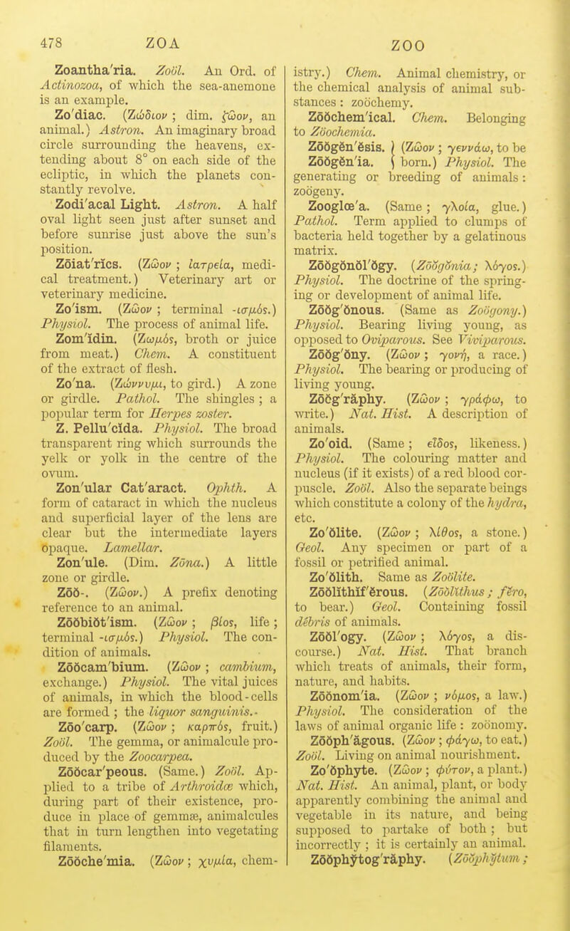 Zoantha'ria. Zool. Au Ord. of Actinozoa, of which the sea-anemoue is an example. Zo'diac. (ZciStov ; dim. ^Coov, an animal.) Astron. An imaginary broad circle surrounding the heavens, ex- tending about 8° on each side of the eclijDtic, in which the planets con- stantly revolve. Zodi'acal Light. Astron. A half oval light seen just after sunset and before sunrise just above the sun's position. Zoiat'rics. (ZcSov ; larpela, medi- cal treatment.) Veterinary art or veterinary medicine. Zo'ism. {Zwov ; terminal -ifffiSs.) Physiol. The process of animal life. Zom'idin. (Zw^6s, broth or juice from meat.) Chem. A constituent of the extract of flesh. Zo'na. (Ztiwuyoti, to gird.) A zone or girdle. Pathol. The shingles ; a popular term for Herpes zoster. Z. Pellu'cida. Physiol. The broad transparent ring which surrounds the yelk or yolk in the centre of the oviim. Zon'ular Cat'aract. Ophth. A form of cataract in which the niicleus and superficial layer of the lens are clear but the intermediate layers Opaque. Lamellar. Zon'ule. (Dim. Zona.) A little zone or girdle. Z66-. (ZcIjoi'.) A prefix denoting reference to an animal. ZodbiOt'ism. (ZtSoj'; |3ios, life; terminal -ia\xl)%.) Physiol. The con- dition of animals. Zo6cam'bium. (ZiSof; canibium, exchange.) Physiol. The vital juices of animals, in which the blood-cells are formed ; the liqiu/r sanguinis.- Zoo'carp. (Zwov ; Kapirbs, fruit.) Zoiil. The gemma, or animalcule pro- duced by the Zoocarpea. Zodcar'peous. (Same.) Zoiil. Ap- plied to a tribe of Arthroidce which, during part of their existence, pro- duce in place of geminoe, animalcules that iu turn lengthen into vegetating filaments. Zodche'mia. {ZiQov ; x^^M^) chem- istry.) Chem. Animal chemistrj', or the chemical analysis of animal sub- stances : zoochemy. Zodchem'ical. Chem. Belonging to Zoochemia. Zo6g6ii'6sis. ) (Zuiov ; yevvAu, to be ZofigSn'ia. \ born.) Physiol. The generating or breeding of animals: zodgeny. Zooglce'a. (Same; yXoia, glue.) Pathol. Term applied to clumps of bacteria held together by a gelatinous matrix. ZodgdnSl'dgy. {ZOogSnia; X670S.) Physiol. The doctrine of the spring- ing or development of animal life. Z66g'6noua. (Same as ZoUgony.) Physiol. Bearing living j'ouug, as opposed to Oviparous. See Viviparous. Z66g'6ny. (TiQiov; 70^17, a race.) Physiol. The bearing or producing of living young. ZoSg'raphy. {Luov ; ypd(pu, to write.) JVat. Hist. A descrijition of animals. Zo'oid. (Same; elSos, likeness.) Physiol. The colouring matter and nucleus (if it exists) of a red blood cor- puscle, .^067. Also the separate beings which constitute a colony of the hydra, etc. Zo'61ite. {Zihov ; \l9os, a stone.) Oeol. Any specimen or part of a fossil or petrified animal. Zo'61ith. Same as Zoolite. Zo61ithif'6rous. {ZodlUhus ; fSro, to bear.) Geol. Containing fossil deb)-is of animals. Zodl'ogy. (Zwof; \6yos, a dis- course.) Nat. Hist. That branch which treats of animals, their form, nature, and habits. Zodnom'ia. (Zuoi>; vb^os, a law.) Physiol. The consideration of the laws of animal organic life : zoonomy. Z66pli'agous. (Zwoj'; 0(170), to eat.) Zoiil. Living on animal nourishment. Zo'Ophyte. [ZCiov; (pOrov, a plant.) Nat. Hist. An animal, plant, or body apparently combining the animal and vegetable in its nature, and being supposed to partake of both; but incorrectly ; it is certainly an animal. ZoOpliytog'rapliy. {ZOuphytum;