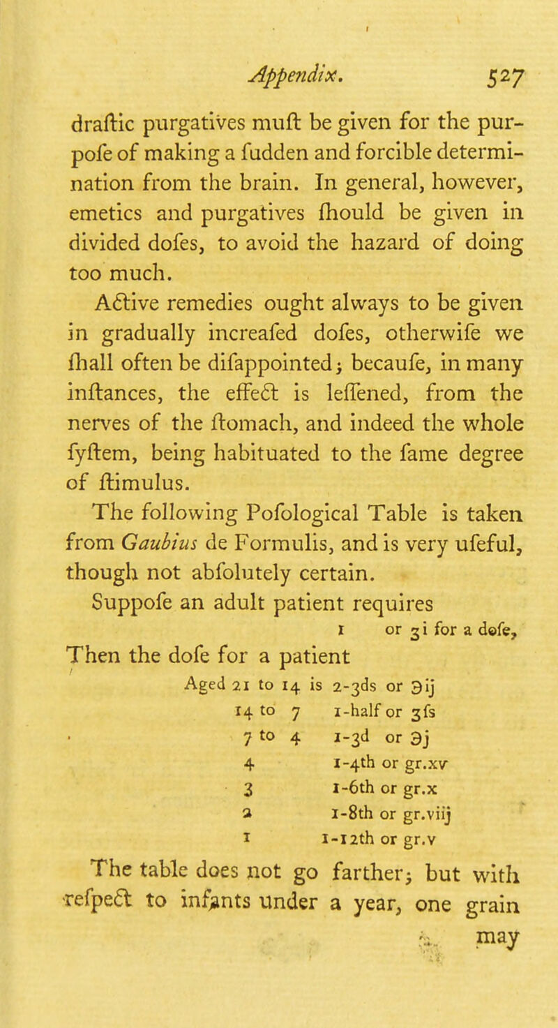 I Appendix. 527 draftic purgatives miift be given for the pur- pofe of making a fadden and forcible determi- nation from the brain. In general, however, emetics and purgatives mould be given in divided dofes, to avoid the hazard of doing too much. Active remedies ought always to be given in gradually increafed dofes, otherwife we fhall often be difappointed; becaufe, in many inftances, the effect is leffened, from the nerves of the ftomach, and indeed the whole fyftem, being habituated to the fame degree of ftimulus. The following Pofological Table is taken from Gaubius de Formulis, and is very ufeful, though not abfolutely certain. Suppofe an adult patient requires I or 31 for a defe, Then the dofe for a patient 21 to H is 2-3ds or 3ij 14 to 7 1-half or 3fs 7 to 4 1-3d or 3j 4 1-4th or gr.xv 3 1-6th or gr.x a l-8th or gr.viij 1 I-I2th or gr.v The table does not go farther; but with >refpe& to infants under a year, one grain may