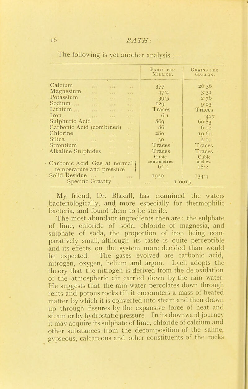 The following is yet another analysis : — Calcium Magnesium Potassium Sodium Lithium ... Iron Sulphuric Acid Carbonic Acid (combined) ... Chlorine Silica Strontium Alkaline Sulphides ■ Carbonic Acid Gas at normal temperature and pressure Solid Residue ... Specific Gravity My friend, Dr. Blaxall, has examined the waters bacteriologically, and more especially for thermophilic bacteria, and found them to be sterile. The most abundant ingredients then are: the sulphate of lime, chloride of soda, chloride of magnesia, and sulphate of soda, the proportion of iron being com- paratively small, although its taste is quite perceptible and its effects on the system more decided than would be expected. The gases evolved are carbonic acid, nitrogen, oxygen, helium and argon. Lyell adopts the theory that the nitrogen is derived from the de-oxidation of the atmospheric air carried down by the rain water. He suggests that the rain water percolates down through rents and porous rocks till it encounters a mass of heated matter by which it is converted into steam and then drawn up through fissures by the expansive force of heat and steam or by hydrostatic pressure. In its downward journey it may acquire its sulphate of lime, chloride of calcium and other substances from the decomposition of the saline, gypseous, calcareous and other constituents of the rocks PaKTS 1'KK CiKAINS I'lik Million. — Gallon. 377 2636 AT A V 31 39'5 2'76 I2Q J Traces Traces 6-1 •427 869 60-83 86 602 280 i960 3° 210 Traces Traces Traces Traces Cubic Cubic ceniimetres. inche*. 622 18-2 1920 134-4