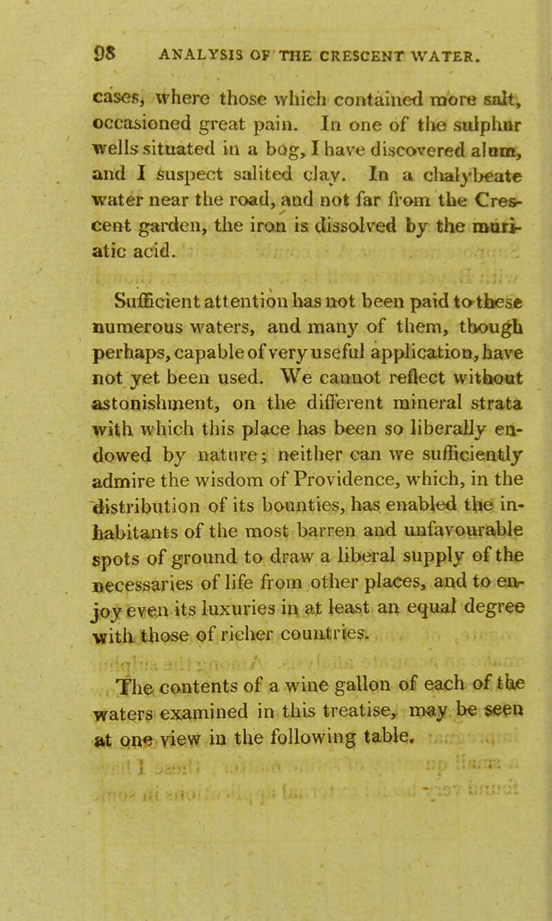 caiseSj where those which contained raore salt, occasioned great pain. In one of tlie suiplior wells situated in a bog, I have discovered alom, and I suspect salited clay. In a clialybcate water near the road, and not far from the Cres- cent gai-den, tlie iroja is dissolved by the mari- atic acid. Sufficient attention has not been paid totbes* numerous waters, and many of them, though perhaps, capable of very useful application, have not yet been used. We cannot reflect without astonishment, on the different mineral strata with which this place lias been so liberally en- dowed by nature; neither can we suflicienljy admire the wisdom of Providence, which, in the ^distribution of its bounties, has enabled the in- habitants of the most barren and unfavourable spots of ground to draw a liberal supply of the Becessaries of life from other places, and to eur joy eveii its luxuries in at least an equal degree with those of richer countries. The contents of a wine gallon of each of the waters examined in this treatise, may be §eeo at on<j view in the following table.