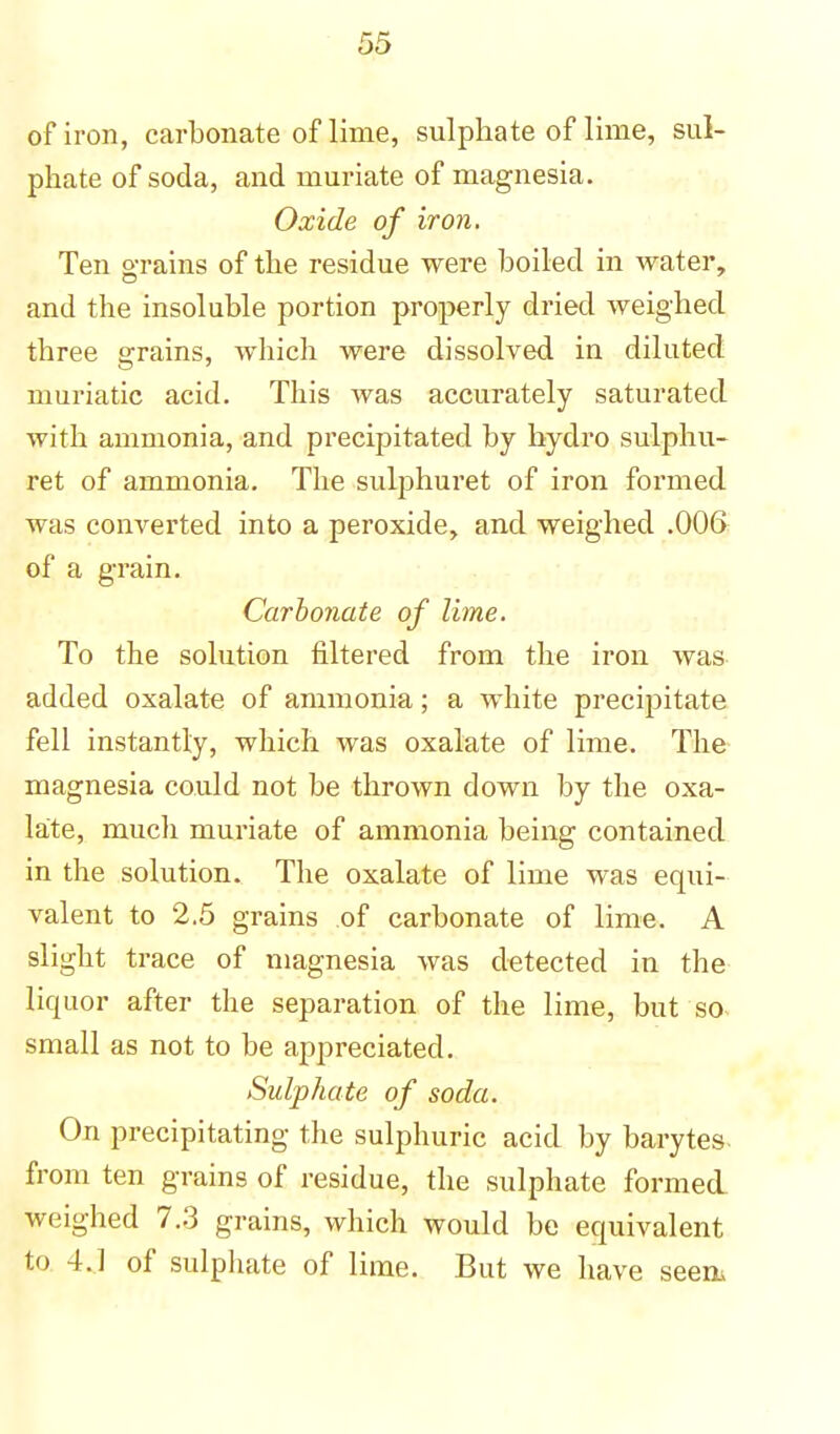 of iron, carbonate of lime, sulphate of lime, sul- phate of soda, and muriate of magnesia. Oxide of iron. Ten grains of the residue were boiled in water, and the insoluble portion properly dried weighed three grains, which were dissolved in diluted muriatic acid. This was accurately saturated with ammonia, and precipitated by hydro sulphu- ret of ammonia. The sulphuret of iron formed was converted into a peroxide, and weighed .006 of a grain. Carbonate of lime. To the solution filtered from the iron was added oxalate of ammonia; a white precipitate fell instantly, which was oxalate of lime. The magnesia could not be thrown down by the oxa- late, mucli muriate of ammonia being contained in the solution. The oxalate of lime was equi- valent to 2.5 grains of carbonate of lime. A slight trace of magnesia was detected in the liquor after the separation of the lime, but so small as not to be appreciated. Sulphate of soda. On precipitating the sulphuric acid by barytes from ten grains of residue, the sulphate formed weighed 7.3 grains, which would be equivalent to 4J of sulphate of lime. But we have seem