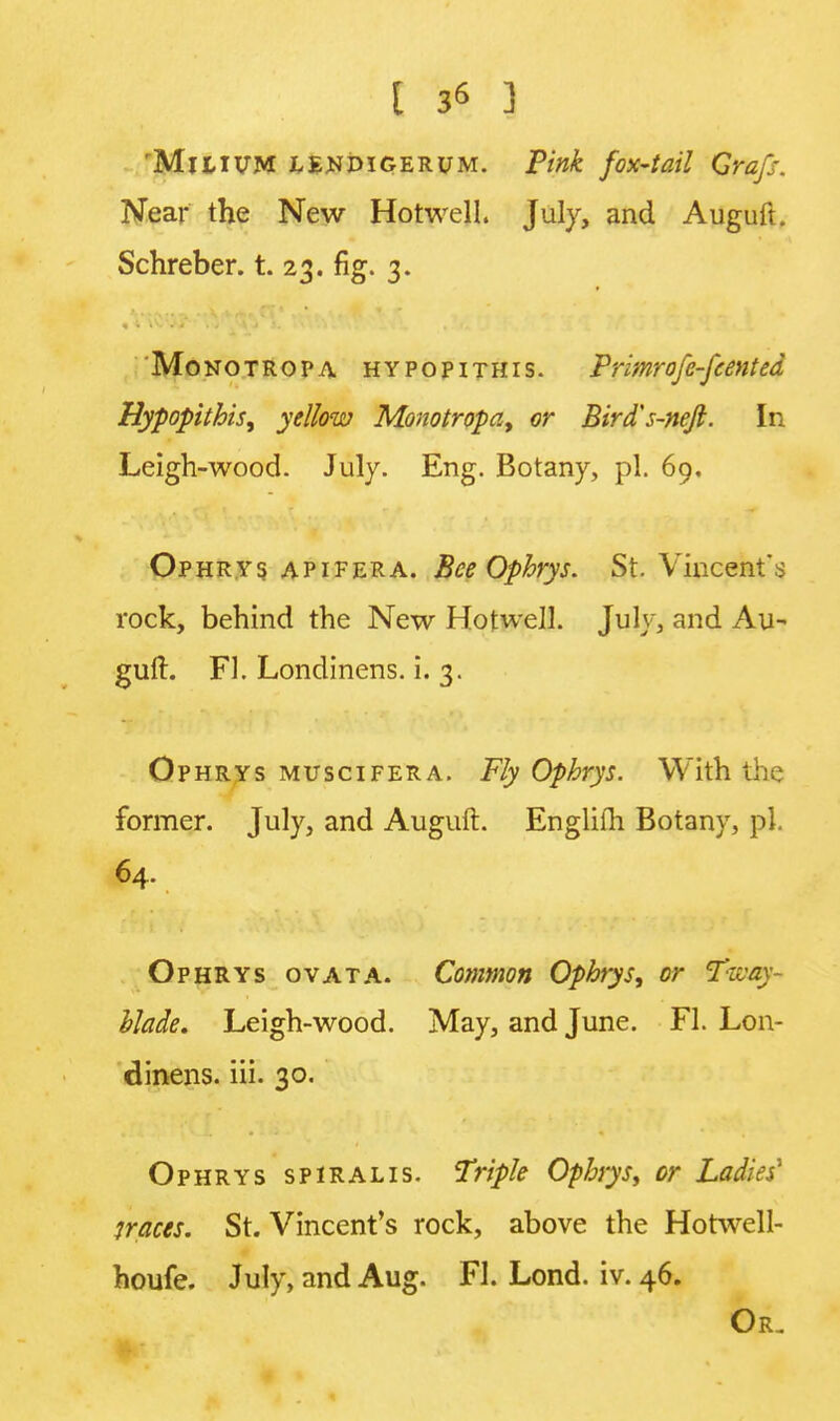 'Milium lendigerum. Pink fox-tail Grafs. Near the New Hotwelh July, and Auguft. Schreber. t. 23. fig. 3. Monotropa hypopithis. Primrofc-fcented Hypopithis, yellow Monotropa, or Bird's-neft. In Leigh-wood. July. Eng. Botany, pi. 69. Ophrys apifera. Bee Ophrys. St. Vincent's rock, behind the New Hotwell. July, and Au- guft. Fl. Londinens. i. 3. Ophrys muscifera. Fly Ophrys. With tbs former. July, and Auguft. Englifh Botany, pi. 64. Ophrys ovata. Common Ophrys, or Tivay- blade. Leigh-wood. May, and June. Fl. Lon- dinens. iii. 30. Ophrys spiralis. Triple Ophrys, or Ladies' traces. St. Vincent's rock, above the Hotwell- houfe. July, and Aug. Fl. Lond. iv. 46. Or.