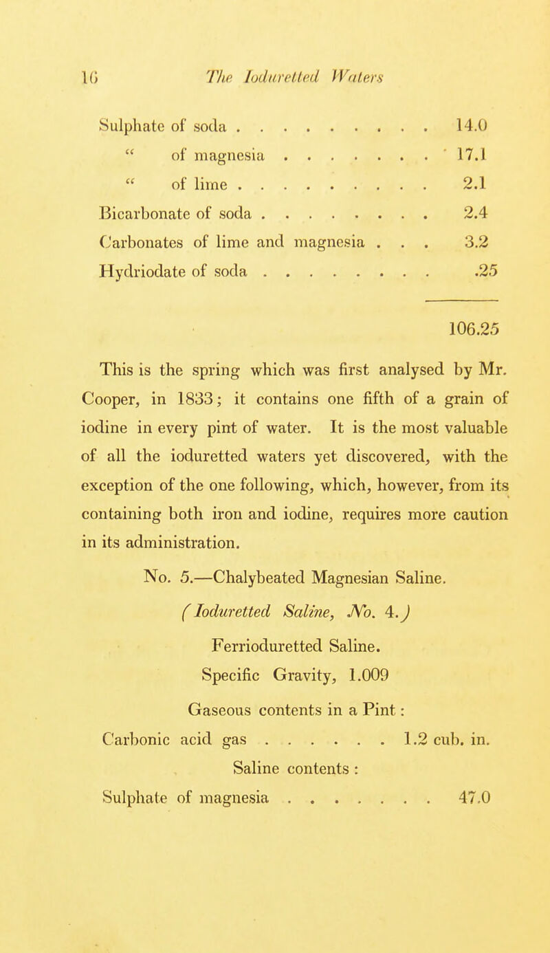 Sulphate of soda 14.0  of magnesia 17.1 « of lime 2.1 Bicarbonate of soda 2.4 Carbonates of lime and magnesia . . . 3.2 Hydriodate of soda .25 106.25 This is the spring which was first analysed by Mr. Cooper, in 1833; it contains one fifth of a grain of iodine in every pint of water. It is the most valuable of all the ioduretted waters yet discovered, with the exception of the one following, which, however, from its containing both iron and iodine, requires more caution in its administration. No, 5.—Chalybeated Magnesian Saline. (Ioduretted Saline, JVo. 4.J Ferrioduretted Saline. Specific Gravity, 1.009 Gaseous contents in a Pint: Carbonic acid gas 1.2 cub. in. Saline contents: Sulphate of magnesia 47.0