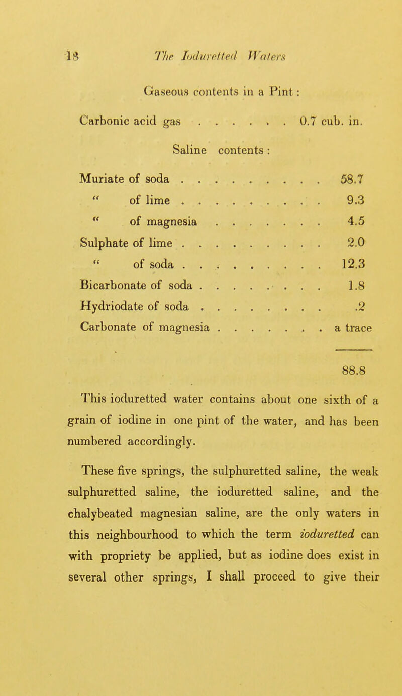 Gaseous contents in a Pint Carbonic acid gas .... Saline contents Muriate of soda . .  of lime . . of magnesia Sulphate of lime .  of soda . . Bicarbonate of soda . Hydriodate of soda . Carbonate of magnesia 0.7 cub. in. 58.7 9.3 4.5 2.0 12.3 1.8 .2 a trace 88.8 This ioduretted water contains about one sixth of a grain of iodine in one pint of the water, and has been numbered accordingly. These five springs, the sulphuretted saline, the weak sulphuretted saline, the ioduretted saline, and the chalybeated magnesian saline, are the only waters in this neighbourhood to which the term ioduretted can with propriety be applied, but as iodine does exist in several other springs, I shall proceed to give their