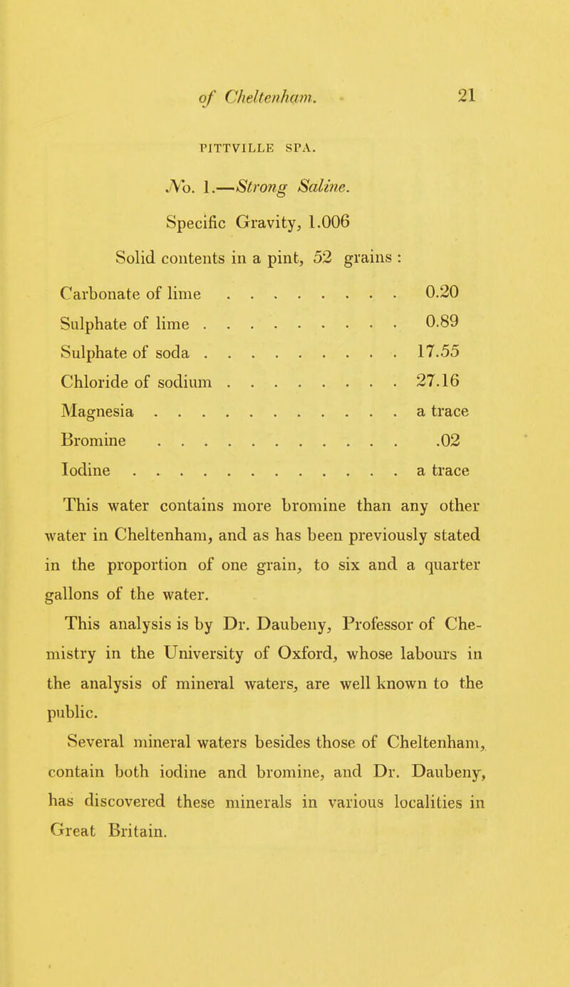 PITTVILLE SPA. Ab. 1.—Strong Saline. Specific Gravity, 1.006 Solid contents in a pint, 52 grains : Carbonate of lime 0.20 Sulphate of lime 0.89 Sulphate of soda 17.55 Chloride of sodium 27.16 Magnesia a trace Bromine .02 Iodine a trace This water contains more bromine than any other water in Cheltenham, and as has been previously stated in the proportion of one grain, to six and a quarter gallons of the water. This analysis is by Dr. Daubeny, Professor of Che- mistry in the University of Oxford, whose labours in the analysis of mineral waters, are well known to the public. Several mineral waters besides those of Cheltenham, contain both iodine and bromine, and Dr. Daubeny, has discovered these minerals in various localities in Great Britain.