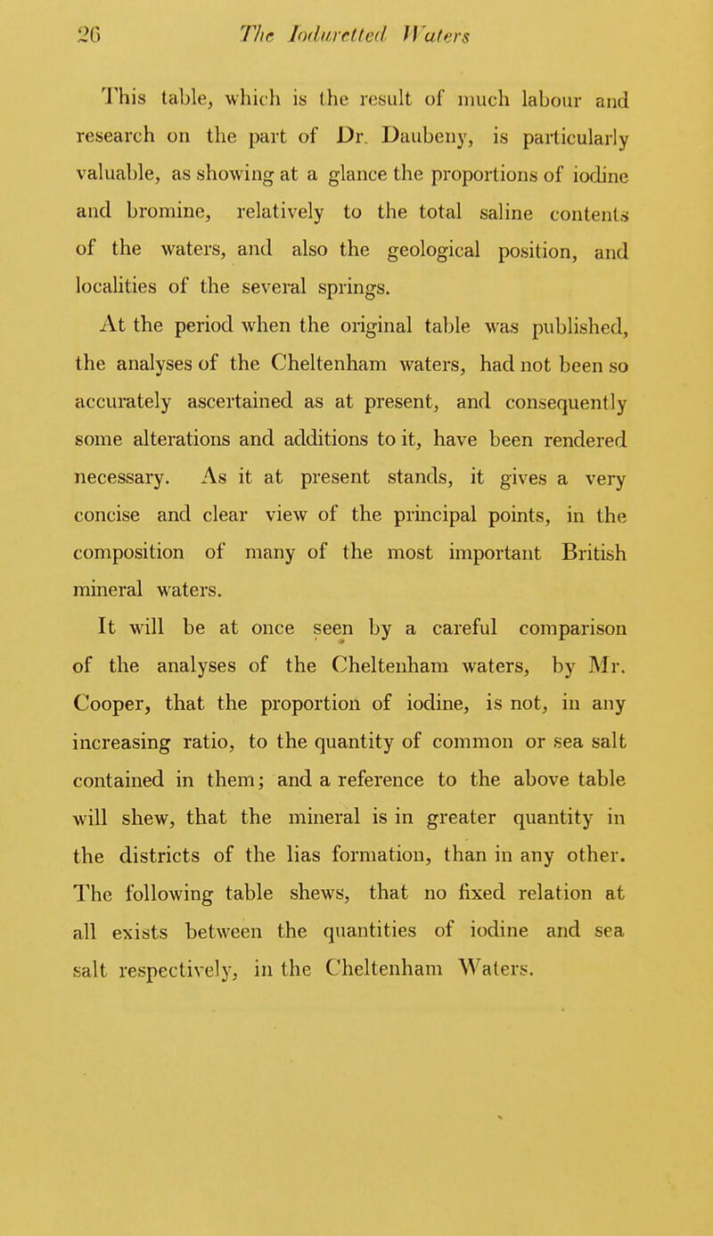 This table, which is the result of much labour and research on the part of Dr. Daubeny, is particularly valuable, as showing at a glance the proportions of iodine and bromine, relatively to the total saline contents of the waters, and also the geological position, and localities of the several springs. At the period when the original table was published, the analyses of the Cheltenham waters, had not been so accurately ascertained as at present, and consequently some alterations and additions to it, have been rendered necessary. As it at present stands, it gives a very concise and clear view of the principal points, in the composition of many of the most important British mineral waters. It will be at once seen by a careful comparison of the analyses of the Cheltenham waters, by Mr. Cooper, that the proportion of iodine, is not, in any increasing ratio, to the quantity of common or sea salt contained in them; and a reference to the above table will shew, that the mineral is in greater quantity in the districts of the lias formation, than in any other. The following table shews, that no fixed relation at all exists between the quantities of iodine and sea salt respectively, in the Cheltenham Waters.