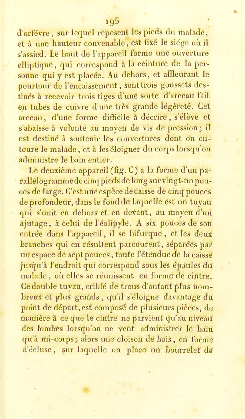 d’orfôvre, sur lequel reposent les pieds du malade, et à une hauteur convenable, est fixé le siège oh il s’assied. Le haut de l’appareil forme une ouverture elliptique, qui correspond à la ceinturé de la per- sonne qui y est placée. Au dehors, et affleurant le pourtour de l’encaissement, sont trois goussets des- tinés à recevoir trois tiges d’uné sorte d’arceau fait en tubes de cuivre d’uile très grande légèreté. Cet arceau, d’une forme difficile h décrire, s’élève et s’abaisse à volonté au moven de vis de pression ; il est destiné à soutenir les couvertures dont on en- toure le malade, et à les éloigner du corps lorsqu’on administre le bain entier. Le deuxième appareil (fig. C) a la forme d’un pa- rallélogrammede cinq pieds delong sur vingt-un pou- ces de large. C’est une espèce décaisse de cinq pouces de profondeur, dans le fond de laquelle ést un tuyau qui s’unit en dehors et én detànt, au moyen d’uii ajutage, à celui de l’éolipyle. A six pouces de son entrée dans l’appareil, il se bifurqué , et lés deux branches qui en résultent parcourent, séparées par un espace de sept pouces , toute l’étendue de la Caisse jusqu’à l’endroit qui correspond sous lès épaules du malade , où elles se réunissent en forme de cintre. Ce double tuyau, criblé de trous d’autant plus nom- breux et plus grands , qU’il s’éloigne davantage du point de départ, est composé de plusieurs pièces, de manière à ce que le cintre ne parvient qu’au niveau des lombes lorsqu’on ne veut administrer le bain qu’à mi-côrps; alors une cloison de bois, en forme d’écluse, ^ur laquelle on place un bourrelet de