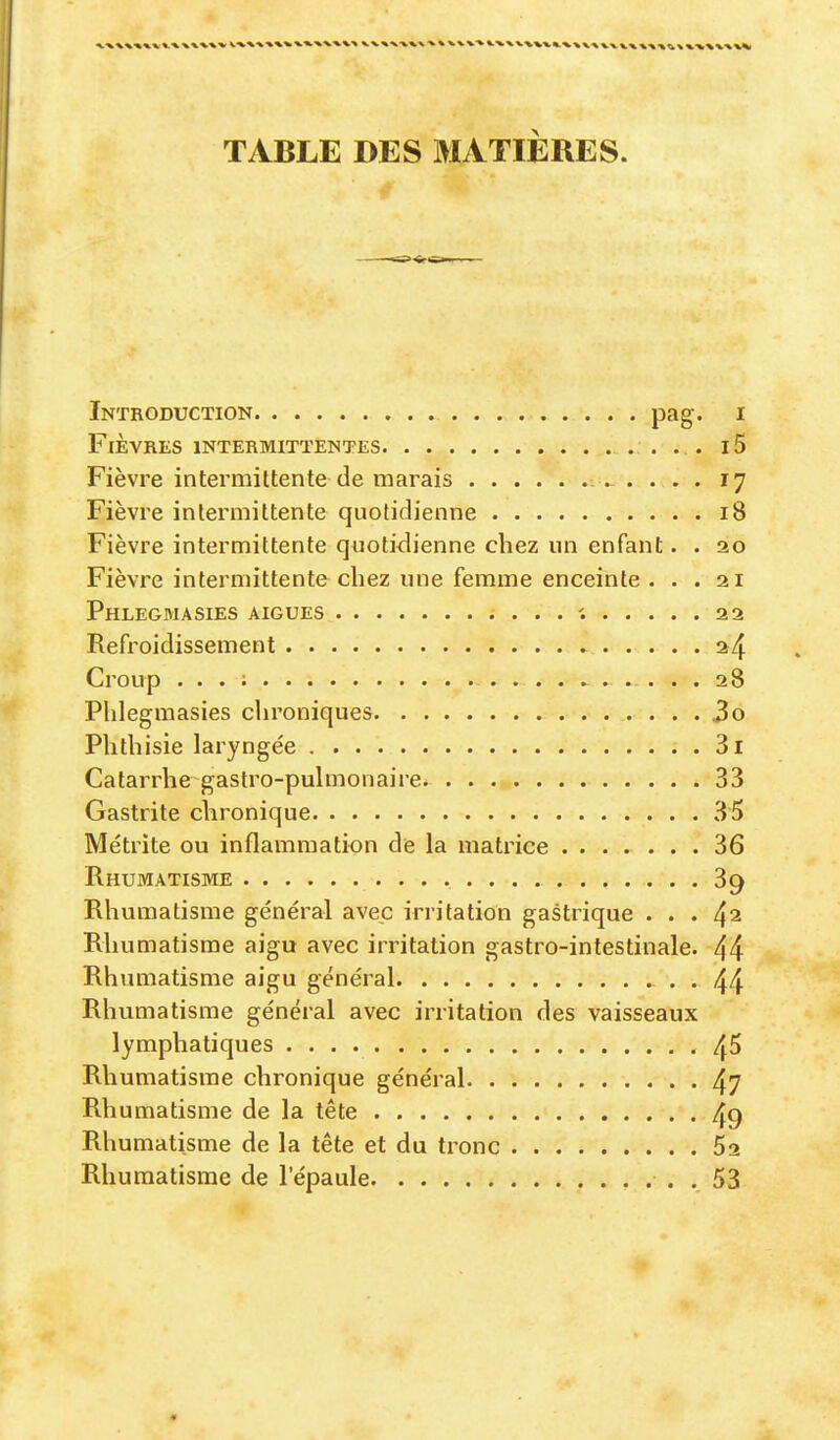 TABLE DES MATIÈRES. >ss»-^i Introduction pag. i Fièvres intermittentes . . . i5 Fièvre intermittente de marais 17 Fièvre intermittente quotidienne 18 Fièvre intermittente quotidienne chez un enfant. . 20 Fièvre intermittente chez une femme enceinte ... 21 Phlegmasies aigues '. 22 Refroidissement 24 Croup ... : 28 Phlegmasies clironiques 3o Phthisie laryngée 3i Catarrhegastro-pulmonaire 33 Gastrite chronique 35 Métrite ou inflammation de la matrice 36 Rhumatisme 39 Rhumatisme général avec irritation gastrique ... 42 Rhumatisme aigu avec irritation gastro-intestinale. 44 Rhumatisme aigu général . . 44 Rhumatisme général avec irritation des vaisseaux lymphatiques 4^ Rhumatisme chronique général 47 Rhumatisme de la tête 49 Rhumatisme de la tête et du tronc 62 Rhumatisme de l’épaule 53