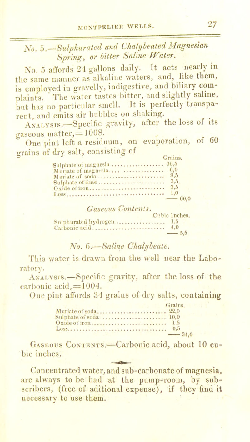 No. f).— Sulphurated and Chalybeated Magnesian Spring, or bitter Saline fFater. No. 5 affords 24 gallons daily. It acts nearly in the same manner as alkaline waters, and, like them, is employed in gravelly, indigestive, and biliary com- plaints. ’ The water tastes bitter, and slightly saline, but has no particular smell. It is perfectly transpa- rent, and emits air bubbles on shaking. Analysis.—Specific gravity, after the loss of its gaseous matter, = 100S. One pint left a residuum, on evaporation, of 60 grains of dry salt, consisting of Grains. Sulphate of magnesia 36,5 Muriate of magnesia 6,0 Muriate of soda. 9,5 Sulphate of l ime 3,5 Oxide of iron 3,5 Gaseous Contents. Cubic Inches. Sulphurated hydrogen 1,5 Carbonic acid 4,0 5,5 No. 6.—Saline Chalybeate. This water is drawn from the well near the Labo- ratory. Analysis.—Specific gravity, after the loss of the carbonic acid, = 1004. One pint affords 34 grains of dry salts, containing Grains. Muriate of soda 22,0 Sulphate of soda 10,0 Oxide of iron 1,5 Loss 0,5 34,0 Gaseous Contents.-—Carbonic acid, about 10 cu- bic inches. Concentrated water, and sub-carbonate of magnesia, are always to be had at the pump-room, by sub- scribers, (free of aditional expense), if they find it necessary to use them.