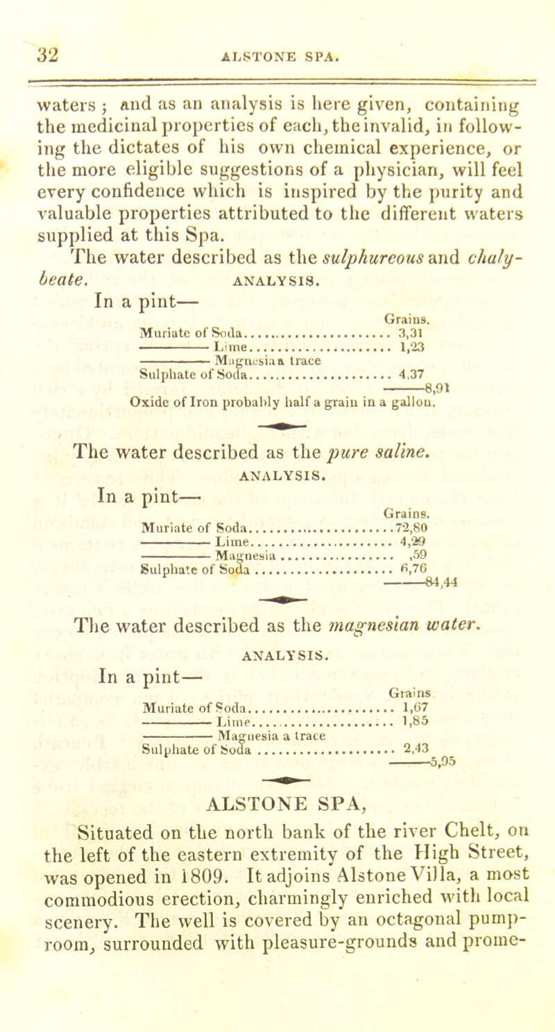 waters ; and as an analysis is here given, containing the medicinal properties of each, the invalid, in follow- ing the dictates of his own chemical experience, or the more eligible suggestions of a physician, will feel every confidence which is inspired by the purity and valuable properties attributed to the different waters supplied at this Spa. The water described as the sulphureous and chaly- beate. ANALYSIS. In a pint— Grains. Muriate of Soda 3,31 Lime 1,23 Magnesian trace Sulphate of Soda 4,37 8,91 Oxide of Iron probably half a grain in a gallon. The water described as the pure saline. ANALYSIS. In a pint— Grains. Muriate of Soda 72,80 Lime 4,29 Magnesia ,59 Sulphate of Soda 9,76 84,44 The water described as the magnesian water. ANALYSIS. In a pint— Grains Muriate of Soda 1,67 Lime 1,85 Magnesia a Irace Sulphate of Soda 2.43 5,95 ALSTONE SPA, Situated on the north bank of the river Chelt, on the left of the eastern extremity of the High Street, was opened in i809. It adjoins Alstone Villa, a most commodious erection, charmingly enriched with local scenery. The well is covered by an octagonal pump- room, surrounded with pleasure-grounds and prome-