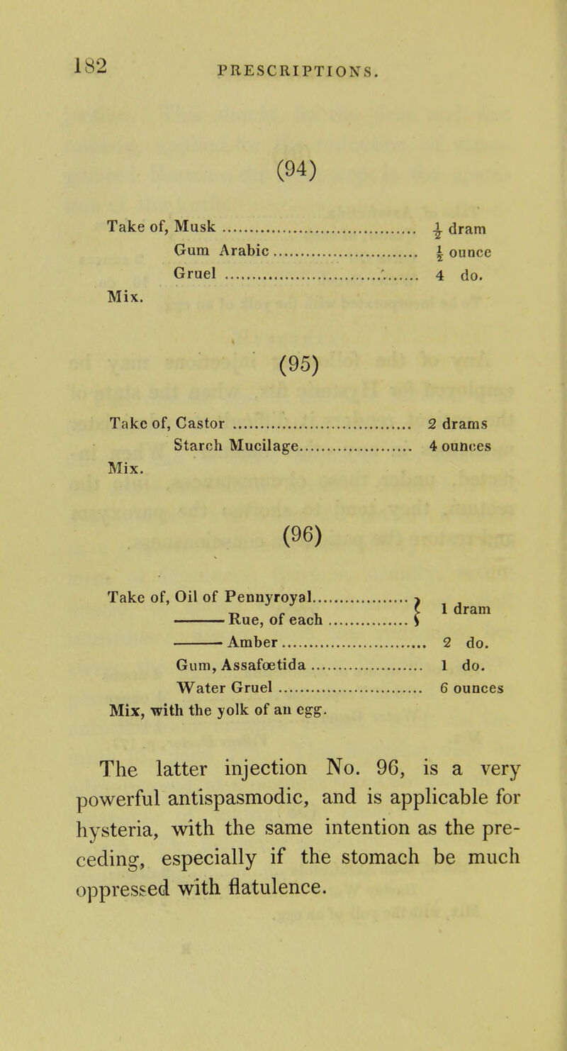 (94) Take of, Musk |. dram Gum Arabic i ounce Gruel '. 4 do. Mix. (95) Take of, Castor 2 drams Starch Mucilage 4 ounces Mix. (96) Take of. Oil of Pennyroyal ^ ^ ^ Rue, of each S Amber 2 do. Gum, Assafoetida 1 do. Water Gruel 6 ounces Mix, with the yolk of an egg. The latter injection No. 96, is a very powerful antispasmodic, and is applicable for hysteria, with the same intention as the pre- ceding, especially if the stomach be much oppressed with flatulence.