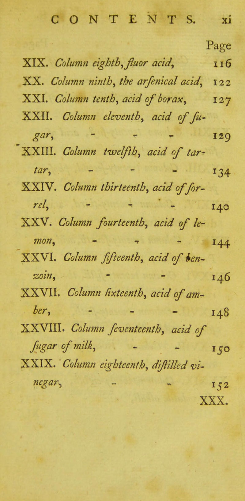 Page XIX. Column eighth^Jiuor acid, ii6 XX. Column ninth, the arfe?iical acid, 122 XXI. Column tenth, acid of borax, 127 XXII. Column eleventh, acid of fu- gar, - - - 129 XXIII. Column twelfth, acid of tar- tar, - - - 134 XXIV. Column thirteenth, acid of for- rel, - -r - 140 XXV. Column fourteenth, acid of le- mon, - T - 144 XXVI. Column fifteenth, acid of hen- v^oin, - - 146 XXVII. Column lixteenth, acid of am- ber, - - - 148 XXVIII. Column feventeenth, acid of fugarofmilk, - - XXIX. ‘ Column eighteenth, difiilled vi- negar, - - 132 XXX.