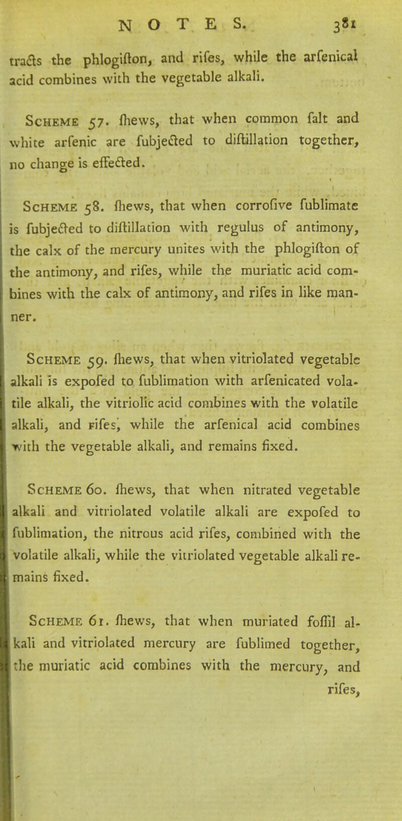 trads the phlogifton, and rifes, while the arfenical acid combines with the vegetable alkali. Scheme 57. lliews, that when common fait and white arfenic are fubjeded to diftillation together, no change is efFedled. I' I Scheme 58. fliews, that when corrofive fublimatc is fubjefled to diftillation with regulus of antimony, the calx of the mercury unites with the phlogifton of the antimony, and rifes, while the muriatic acid com- bines with the calx of antimony, and rifes in like man- ner. * Scheme 59. fliews, that when vitriolated vegetable I alkali is expofed to fublimation with arfenicated vola- f tile alkali, the vitriolic acid combines with the volatile I alkali, and rifesi while the arfenical acid combines V with the vegetable alkali, and remains fixed. f| Scheme 60. fliews, that when nitrated vegetable alkali and vitriolated volatile alkali are expofed to ^ fublimation, the nitrous acid rifes, combined with the !} volatile alkali, while the vitriolated vegetable alkali re- mains fixed. ' Scheme 6r. fliews, that when muriated foflil al- !f kali and vitriolated mercury are fublinied together, >f the muriatic acid combines with the mercury, and ‘ rifes, 1' * I