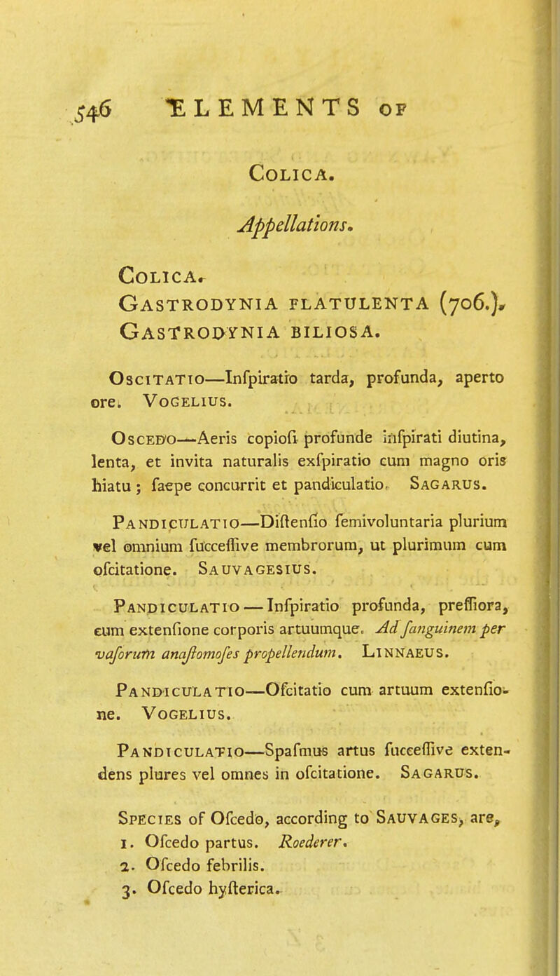 COLICA. Appellations. COLICAr Gastrodynia flatulenta (706.)* gastroi>yni a biliosa. Oscitatto—Infpiratio tarda, profunda, aperto ore. Vogelius. Oscedo-—Aeris copiofi profunde hifpirati diutina, lenta, et invita naturalis exfpiratio cum magno oris hiatu ; faepe eoncurrit et pandiculatio. Sagarus. Pandiculatio—Diftenfio femivoluntaria plurium vel omnium fucceflive membrorum, ut plurimum cum ofcitatione. Sauvagesius. Pandiculatio — Infpiratio profunda, prefliora, cum extenfione corporis artuumque. Ad fa?iguinem per vaforiifn anajlomofes propellendwn. LlNNAEUS. Pandiculatio—Ofcitatio cum artuum extenfio- ne. Vogelius. Pandiculatio—Spafmus artus fucceflive exten- dens plures vel omnes in ofcitatione. Sagarus. Species of Ofcedo, according to Sauvages, are, 1. Ofcedo partus. Roederer. 1. Ofcedo febrilis. 3. Ofcedo hyfterica.