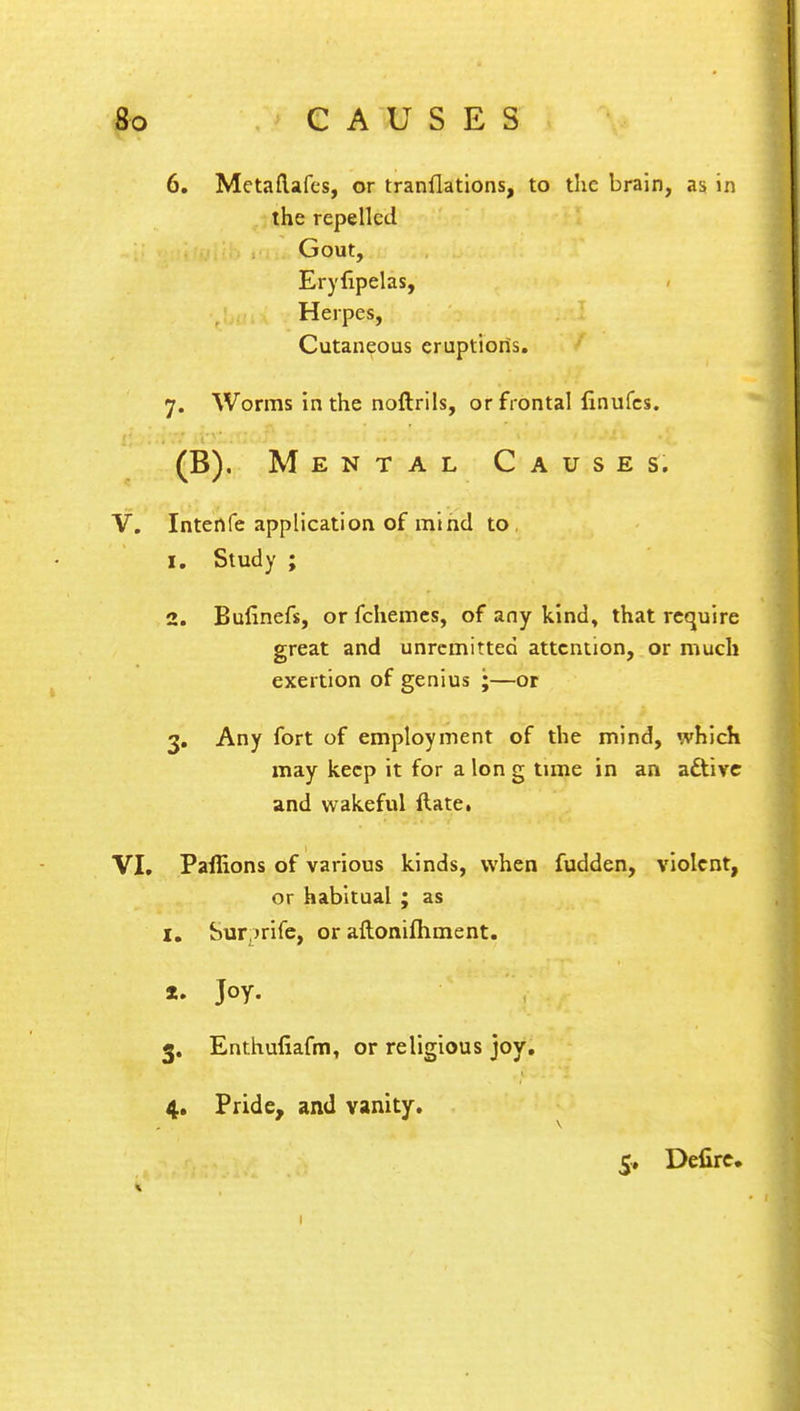 6. Metaflafes, or tranfiations, to the brain, as in the repelled Gout, Eryfipelas, Herpes, Cutaneous eruptions. 7. Worms in the noftrils, or frontal linufes. (B). Mental Causes. V. Intenfe application of mind to 1. Study ; 2. Bufinefs, or fchemes, of any kind, that require great and unremitted attention, or much exertion of genius ;—or 3. Any fort of employment of the mind, which may keep it for a Ion g time in an attire and wakeful ftate. VI. Paflions of various kinds, when fudden, violent, or habitual ; as 1. Sur 'rife, or aftonifhment. t. Joy. 3. Enthufiafm, or religious joy. 4. Pride, and vanity. 5. Defire, 1