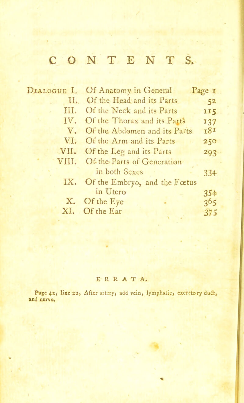 CONTENTS Dialogue L Of Anatomy in General Page l II. Of the Head and its Parts 52 . III. Of the Neck and its Parts 115 IV. Of the Thorax and its Paj;tfe 137 V. Of the Abdomen and its Parts 18I VI. Of the Arm and its Parts 250 VII. Of the Leg and its Parts 293 VIII. Of the Parts of Generation in both Sexes 334 IX. Of the Embryo, and the FcEtus in Utero 354 X. Of the Eye 365 XL Of the Ear 375 > ERRATA. Page 4z, line 23) After artery, add vein, lymphatic, excreto ry duift, and nerve.