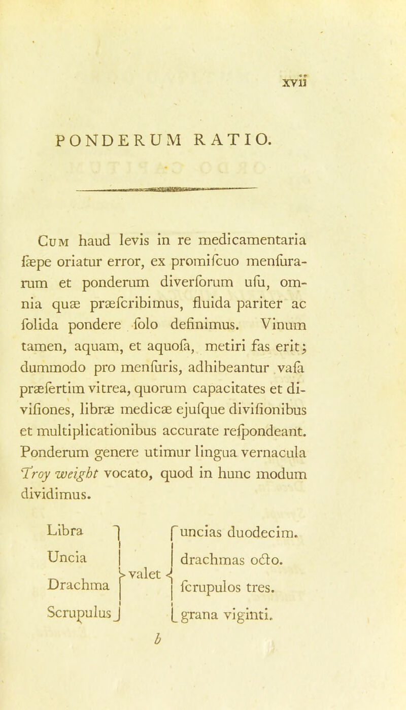 XV13 PONDERUM RATIO. Cum haud levis in re medicamentaria fepe oriatur error, ex promifcuo menfura- rum et ponderum diverforum ufu, om- nia quae praefcribimus, fluida pariter ac folida pondere folo definimus. Vinum tamen, aquam, et aquofa, metiri fas erit; dummodo pro menfuris, adhibeantur vafa praefertim vitrea, quorum capacitates et di- vifiones, libras medicae ejufque divifionibus et multiplicationibus accurate relpondeant. Ponderum genere utimur lingua vernacula ‘Troy weight vocato, quod in hunc modum dividimus. Libra ~| f uncias duodecim. i Uncia j drachmas o6to. valet ^ Drachma j j fcrupulos tres. Scrupulus J (__ grana viginti. b