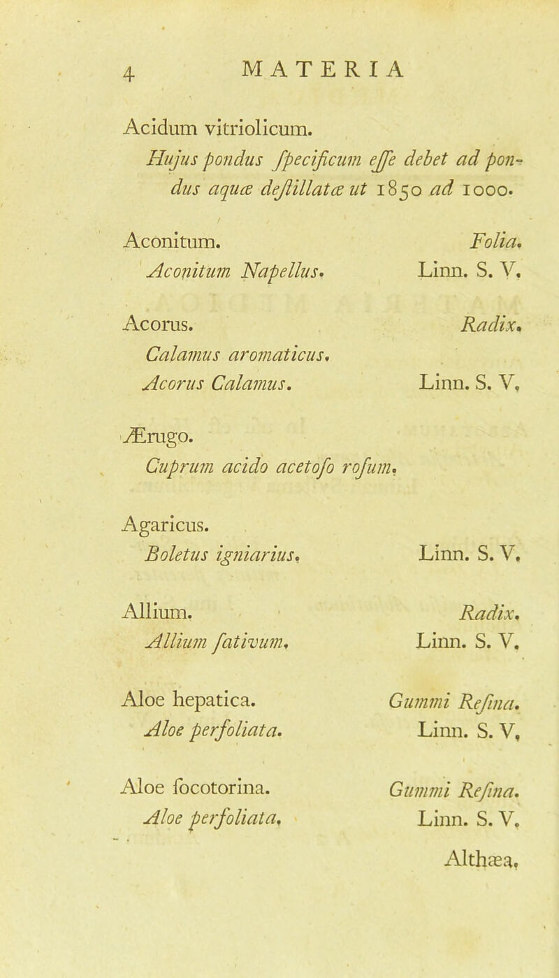 Acidum vitriolicum. Hujus pondus fpecijicuin effe debet ad pon dus aqua dejiillata ut 1850 ad 1000. Aconitum. Aconitum Napellus. Folia. Linn. S. V. Acorus. Calamus aromaticus. Radix. Acorus Calamus. Linn. S. V, yErago. Cuprum acido acetofo rofum. Agaricus. Boletus igniarius. Linn. S. V, Allium. Allium fativum. Radix. Linn. S. V. Aloe hepatica. Aloe per foliata. Gumini Refina. Linn. S. V, Aloe focotorina. Aloe perfoliata. Gumini Refina. Linn. S. V. Althaea.