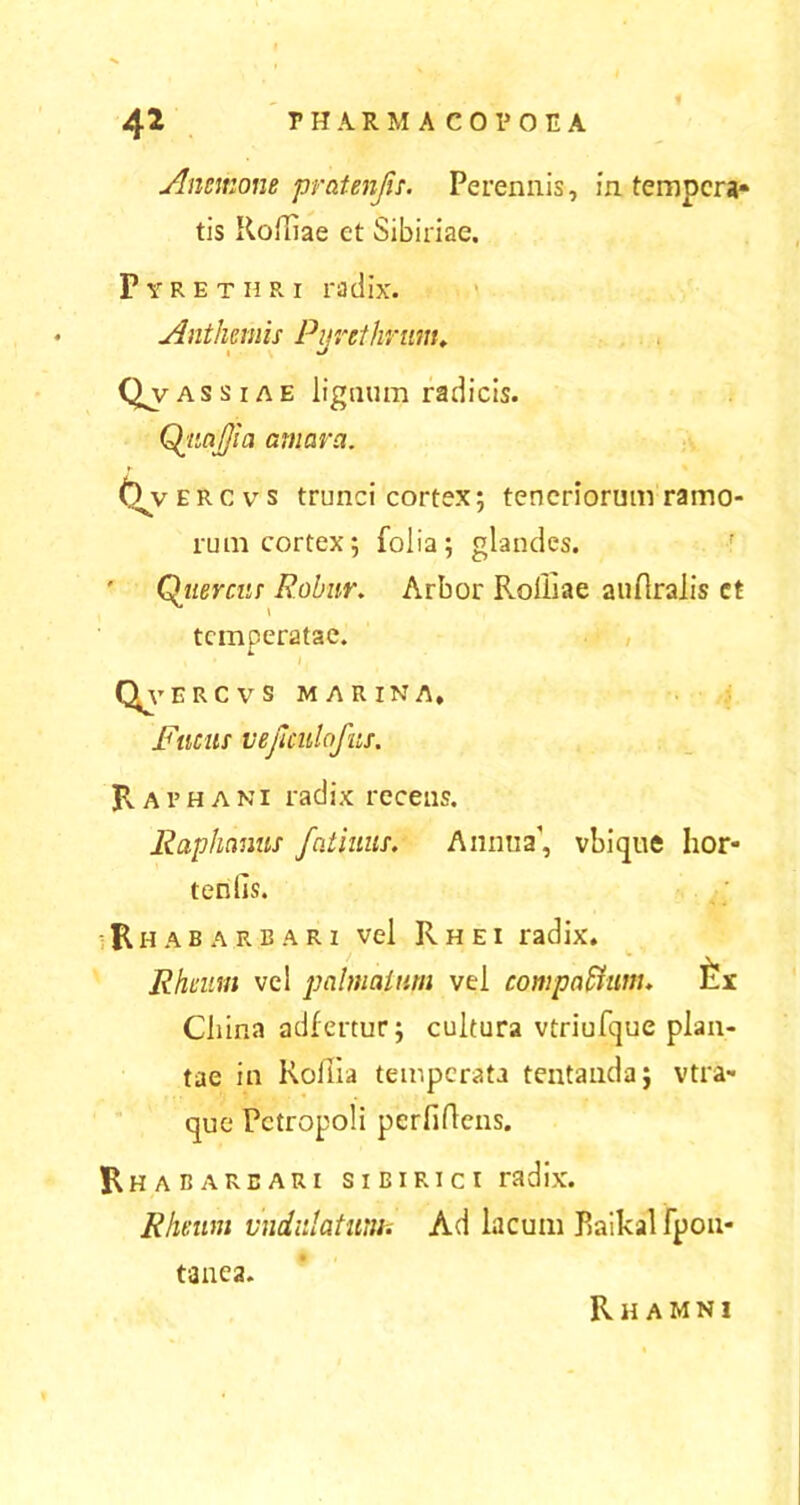 Anemone pratenjis. Perennis, in tempera* tis Roffiae et Sibinae. Pyrethri radix. A'nthemis Pyrethrum. Qvassiae lignum radicis. QiiaJJia amara. Qv e r c v s trunci cortex; teneriorum ramo- rum cortex; folia; glandes. ' Qjierc.ur Robur. Arbor Rolliae aufiralis et temperatae. Qvercvs marina. Fucus vejlmlofur. Raphani radix recens. Raphanus fcitimis. Annua1, vbique hor- tenlls. Rhabarbari vel Rhei radix. Rheutu vel palmatum vel compactum. Ex Cliina adfertur; cultura vtriufque plan- tae in Roliia temperata tentandaj vtra- que Pctropoli pcrfiflens. Rhabarbari sibirici radix. Rheitm undulatum. Ad lacum Baikal fpon- tanea. Rhamni