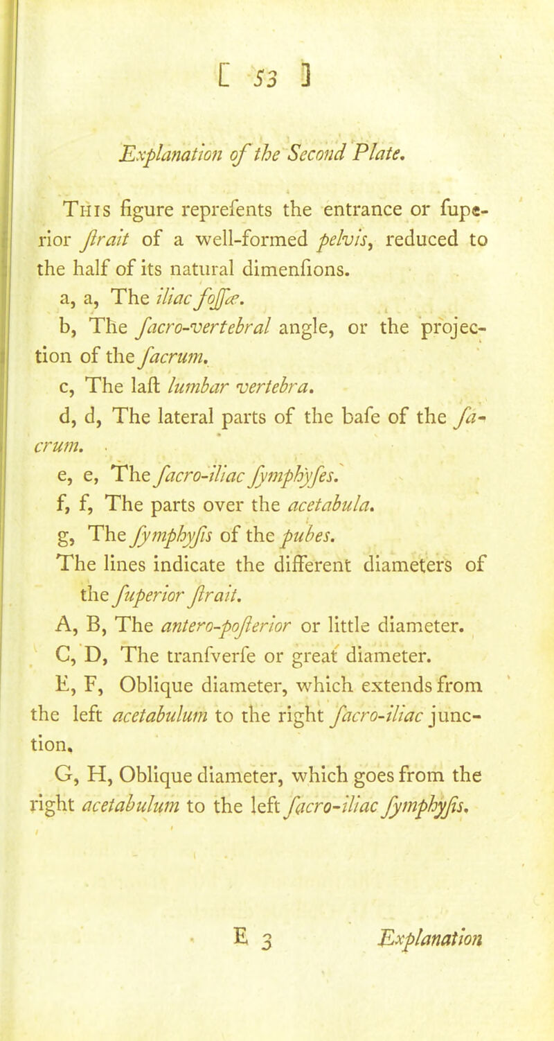 [ S3 ] Explanation of the Second Plate. This figure reprefents the entrance or fupe- rior Jlrait of a well-formed pelvis^ reduced to the half of its natural dimenfions. a, a, The iliac fojja. b, The facro-vertebral angle, or the projec- tion of the facrum. c, The laft lumbar vertebra. d, d, The lateral parts of the bafe of the fa- crum. ■ e, e, The facro-iliac fymphyfes. f, f, The parts over the acetabula. g, The fymphyfis of the pubes. The lines indicate the different diameters of the fuperior Jlrait. A, B, The antero-pofierior or little diameter. C, D, The tranfverfe or great diameter. E, F, Oblique diameter, which extends from the left acetabulum to the right facro-iliac junc- tion. G, H, Oblique diameter, which goes from the right acetabulum to the left facro-iliac fymphyfis.