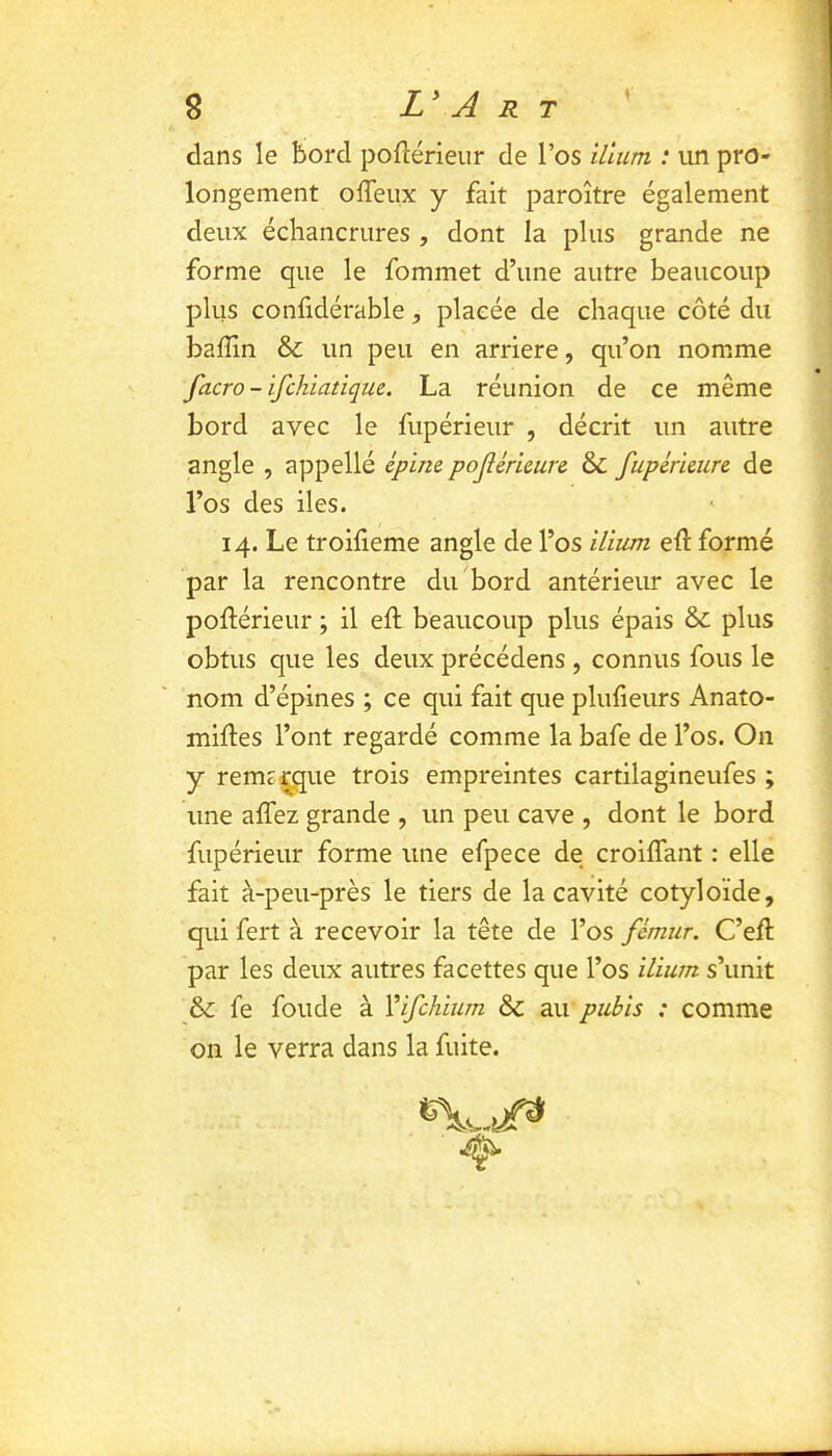 V dans le bord poftérieur de l’os ilium : un pro- longement offeiix y fait paroître également deux échancrures , dont la plus grande ne forme que le fommet d’une autre beaucoup plus confidérable, placée de chaque côté du baffin & un peu en arriéré, qu’on nomme facro - ifchiatique. La réunion de ce même bord avec le fupérieur , décrit un autre angle , appellé épine pojîérieure &L fupéricure de l’os des iles. 14. Le troilieme angle de l’os ilium eft formé par la rencontre du bord antérieur avec le poftérieur ; il eft beaucoup plus épais & plus obtus que les deux précédens , connus fous le nom d’épines ; ce qui fait que plulieurs Anato- mifles l’ont regardé comme la bafe de l’os. On y remc^ue trois empreintes cartilagineufes ; une affez grande , un peu cave , dont le bord fupérieur forme une efpece de croiflant : elle fait à-peu-près le tiers de la cavité cotyloïde, qui fert à recevoir la tête de l’os fémur. C’efl: par les deux autres facettes que l’os ilium s’unit & fe fonde à Vifchium & diW pubis : comme on le verra dans la fuite.