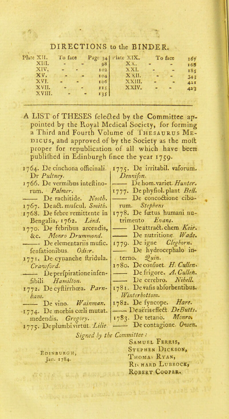 DIRECTIONS to the BINDER. Plate Xn. lo face Page 34 Hlatc XIX. XIII. 98 XX. XIV. 102 XXI. XV. 104 XXII. XVI. 106 XXIII. XVII. 115 XXIV. XVIII. ns To face 34J 4»3 A LIST of THESES felefled by the Committee ap- pointed by the Royal Medical Society, for forming a Third and Fourth Volume of Thesaurus Me- dicos, and approved of by the Society as the mod proper for republication of all which have been publifhed in Edinburgh fince the year 1759. 1']6j[, De cinchona officlnali. Dr Pultney, 1766. De vermibus inteftino- rum. Palmer. De rachitide. Nooth. 1767. Dea£l. mufcul. Stnith. 1768. De febre remittente in Bengalia, «762. Lind. 1770. De febribus arcendis, &c. Monro Drumviond. De clementariis mufic. fenfationibus. Odicr. J77 I. De cynanche ftridula. Crawjford. Deperfpiratloneinfen- fibili Hamilton. 1772. Decyftirrhoea. Parn- ha 771. De vino. Wainniat:. i'/']4- De morbis cceli mutat. medendis. Gregory. 1775. Deplumblvirtut. 1775. De irritabil. vaforum. Dennifon. Dehom.variet./fa;z/(?r. 1777. De phyfiol.plant Bell. De concodtione cibo- rum. Stephens 1778. De foetus humani nu- trlmento Evans. Deattra6l.chera Keir. De nutrltione Wade, I'Jjg- De igne Cleghorn. De hydrocephalo in* tcrno. ^in. 1780. Deconfuet. H. Cullen- De frigore. j1. Cutlefi. . De cerebro. Nihell. 17 81. De vafis abforbcntibus. Winterbotto7n. 1782. De fyncope. Hare. 1 Deaeriseffeft De Butts. 1783. De tetanb. Monro* • De contajrione. Oiven, Edinburgh, Jan. 1784, Sig?icd by the Committee : Samuel Ferris, Stephen Dickson, Thomas Ryan, Rii hard LvbrocKi Robert CooptR.