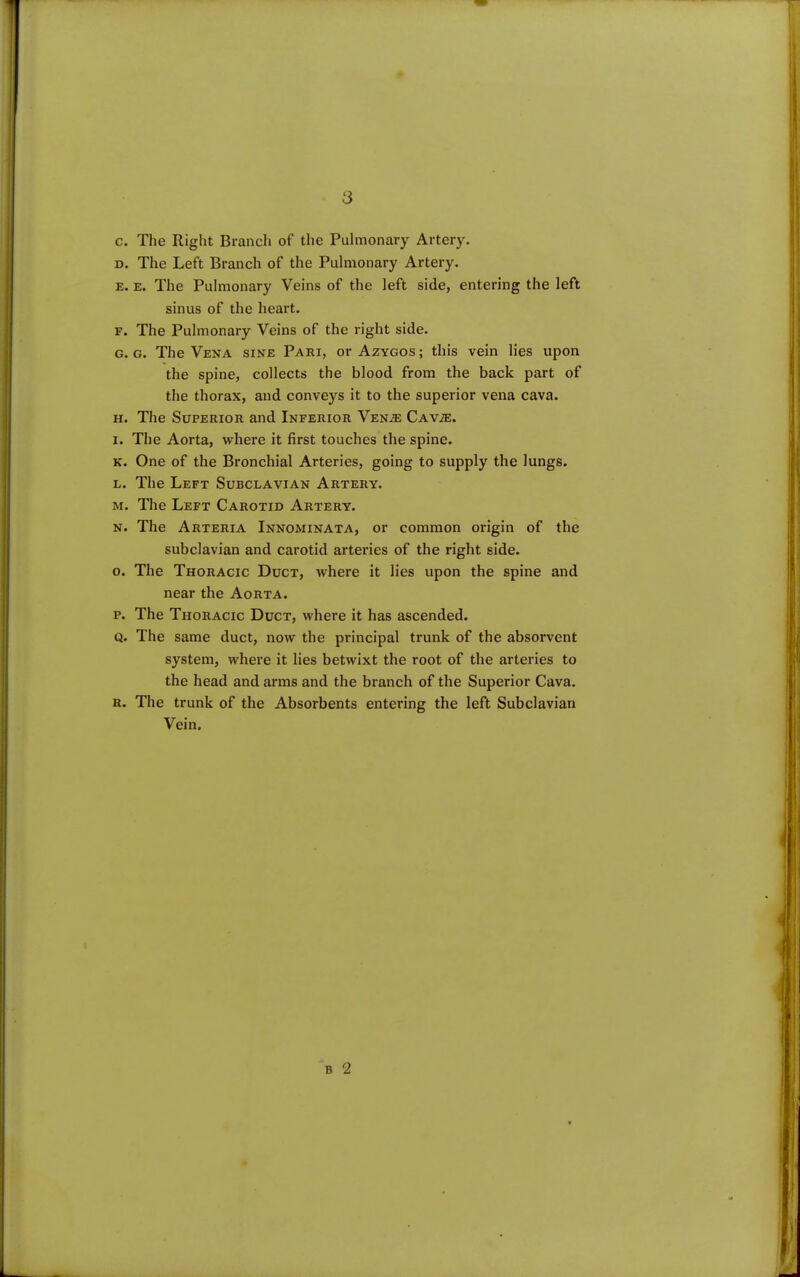c. The Right Branch of the Pulmonary Artery. D. The Left Branch of the Pulmonary Artery. E. E. The Pulmonary Veins of the left side, entering the left sinus of the heart. F. The Pulmonary Veins of the right side. G. G. The Vena sine Pari, or Azygos; this vein lies upon the spine, collects the blood from the back part of the thorax, and conveys it to the superior vena cava. H. The Superior and Inferior Venje Cav^e. I. The Aorta, where it first touches the spine. K. One of the Bronchial Arteries, going to supply the lungs. L. The Left Subclavian Artery. M. The Left Carotid Artery. N. The Arteria Innominata, or common origin of the subclavian and carotid arteries of the right side. o. The Thoracic Duct, where it lies upon the spine and near the Aorta. p. The Thoracic Duct, where it has ascended. Q. The same duct, now the principal trunk of the absorvent system, where it lies betwixt the root of the arteries to the head and arms and the branch of the Superior Cava. r. The trunk of the Absorbents entering the left Subclavian Vein.