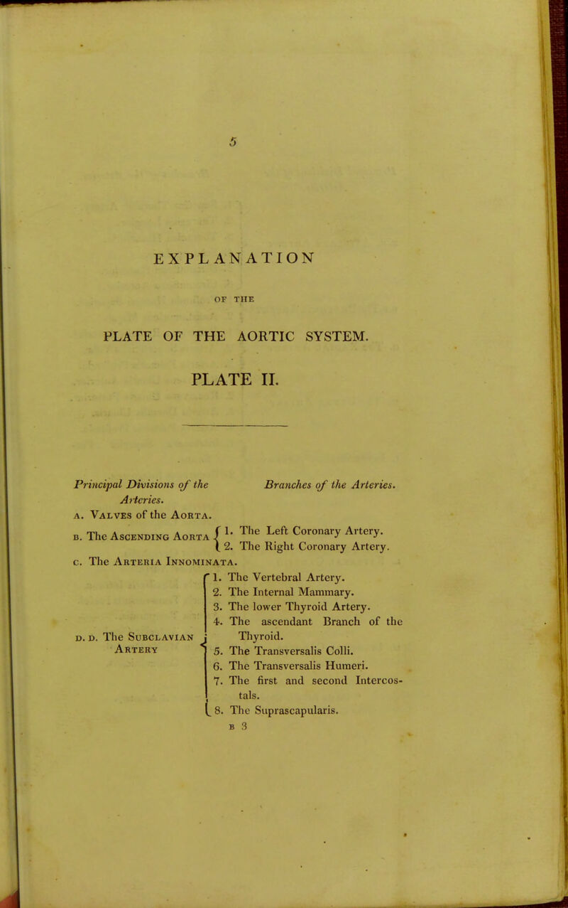 EXPLANATION OF THE PLATE OF THE AORTIC SYSTEM. PLATE II. Principal Divisions of the Aiicries. A. Valves of the Aorta. Branches of the Arteries. ( 1. The Left Coronary Artery. I 2. B. The Ascending Aorta . The Right Coronary Artery. c. The Arteria Innominata. ^ 1. The Vertebral Artery. 2. The Internal Mammary. 3. The lower Thyroid Artery. 4. The ascendant Branch of the Thyroid. 5. The Transversalis Colli. 6. The Transversalis Humeri. 7. The first and second Intercos- tals. 8. The Siiprascapularis. B 3 D. D. The Subclavian Artery «!