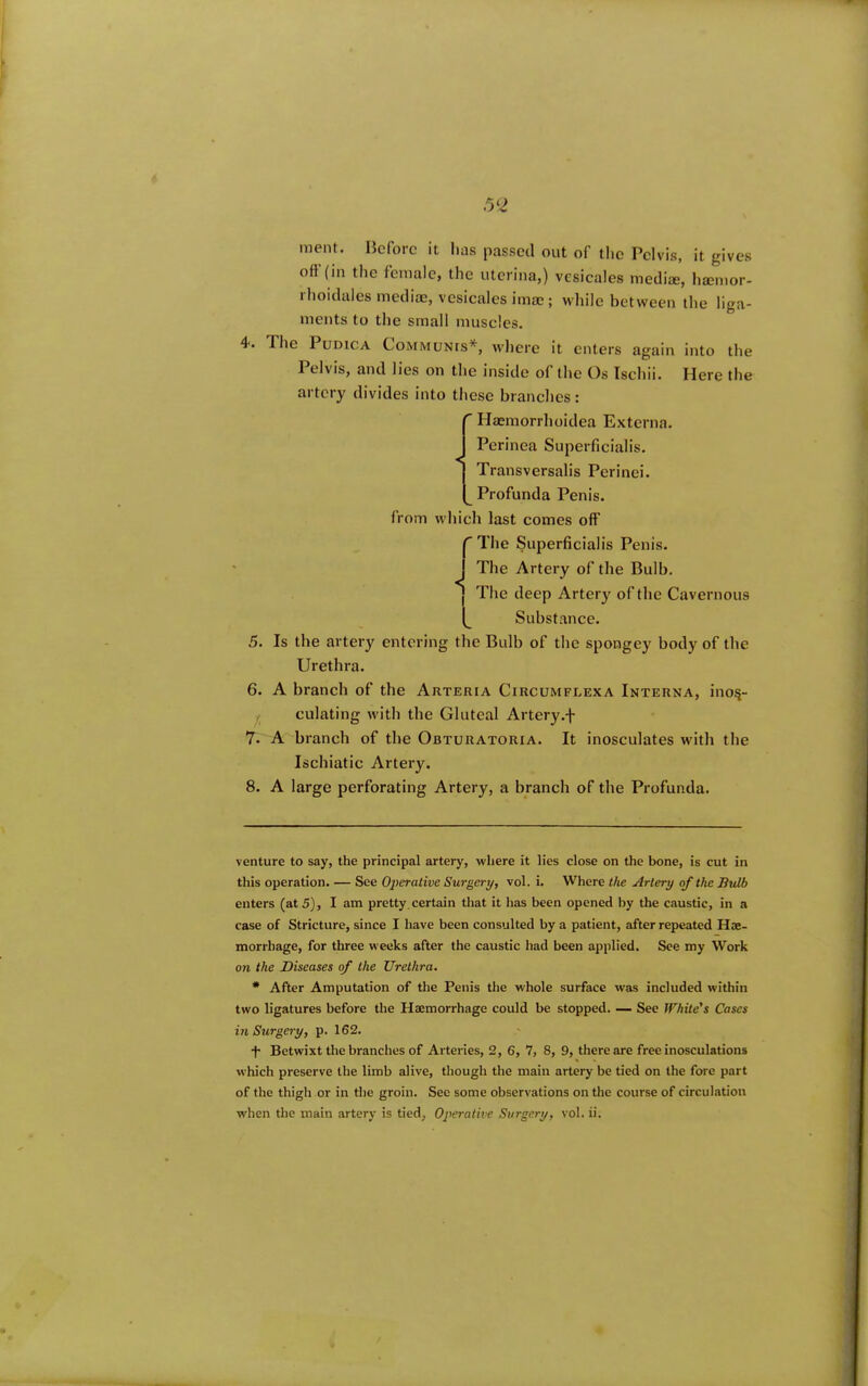 5^2 ment. Before it has passed out of the Pelvis, it gives off (in the female, the uterina,) vesicales mediiE, ha3mor- ihoidalcs mediae, vesicales imae ; while between the liga- ments to the small muscles. 4. The PuDicA Communis* *, where it enters again into the Pelvis, and lies on the inside of the Os Ischii. Here the artery divides into these branches: Haemorrhoidea Externa. Perinea Superficialis. I Transversalis Perinei. 1^ Profunda Penis, from which last comes oft’ p The Superficialis Penis. J The Artery of the Bulb, j The deep Artery of the Cavernous Substance. 5. Is the artery entering the Bulb of the spongey body of the Urethra. 6. A branch of the Arteria Circumflexa Interna, inos- culating with the Gluteal Artery.f 7. A branch of the Obturatoria. It inosculates with the Ischiatic Artery. 8. A large perforating Artery, a branch of the Profunda. venture to say, the principal artery, where it lies close on the bone, is cut in this operation. — See Ojieralive Surgery, vol. i. Where the Artery of the Bulb enters (at 5), I am pretty, certain that it has been opened by the caustic, in a case of Stricture, since I Iiave been consulted by a patient, after repeated Hae- morrhage, for three weeks after the caustic had been applied. See my Work on the Diseases of the Urethra. * After Amputation of the Penis the whole surface was included within two ligatures before the Haemorrhage could be stopped. — See White's Cases in Surgery, p. 162. t Betwixt the branches of Arteries, 2, 6, 7, 8, 9, there are free inosculations which preserve the limb alive, though the main artery be tied on the fore part of the thigh or in tlie groin. Sec some observations on the course of circulation when the main artery is tied, Ojterative Surgery, vol. ii.