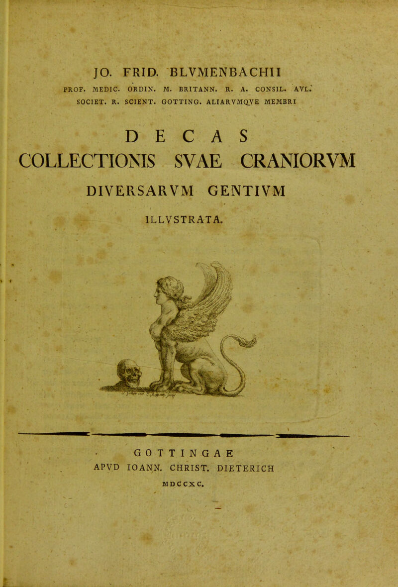 JO. FRID. BLVMENBACHII PROF. MEDIC. ORDIN. M. BRITANN. R. A. CONSIL. AVLJ SOCIET. R. SCIENT. GOTTING. ALIARVMQVE MEMBRI D E C A S COLLECTIONIS SVAE CRANIORVM DIVERSARVM GENTIVM ILLVSTRATA. GOTTINGAE APVD lOANN. CHRIST. DIETERICH MDCCXC.