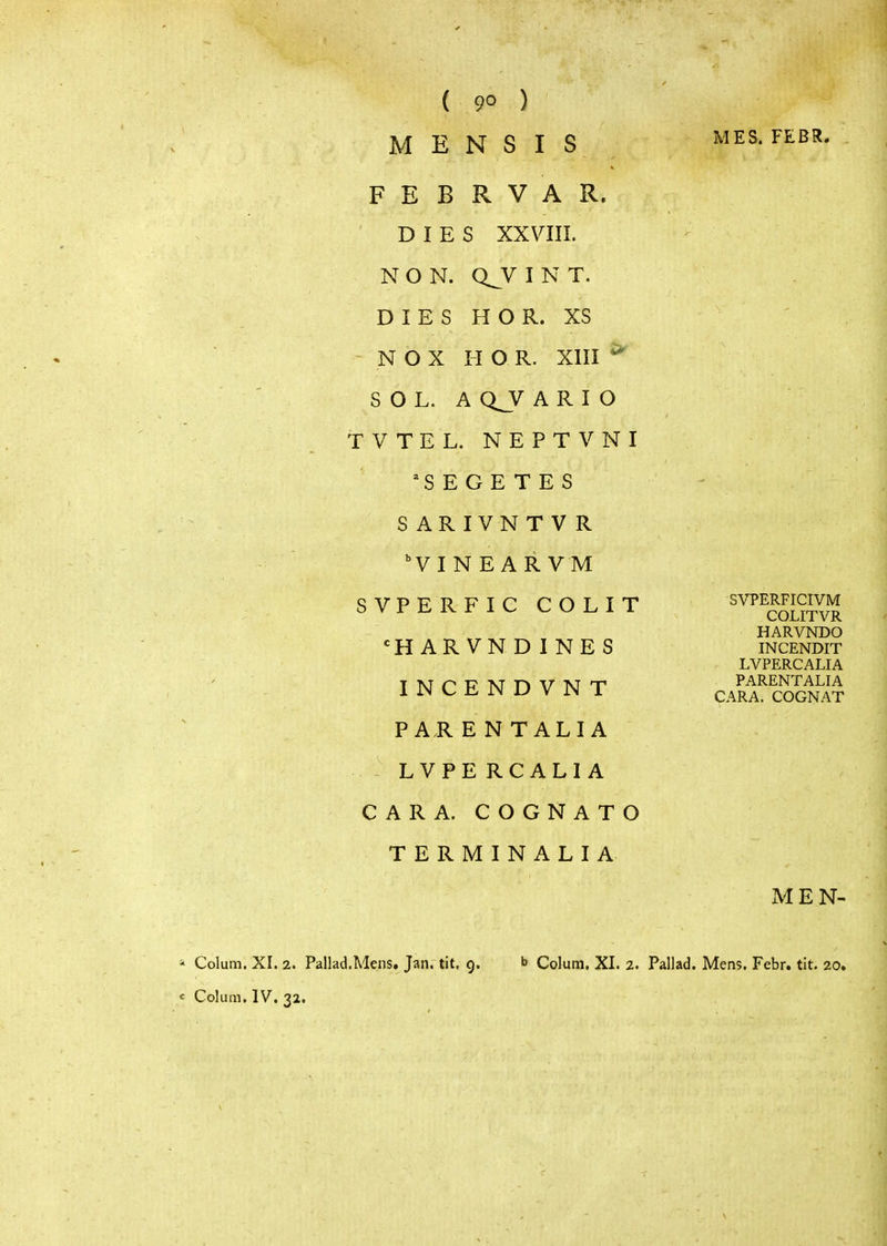 Μ Ε Ν S I S F Ε Β R V A R. DIES XXVIII. Ν Ο Ν. Q^V I Ν Τ. DIES Η OR. XS - Ν Ο X Η Ο R. XIII S Ο L. Α 0_ν Α R I Ο TVTEL. NEPTVNI ^S Ε G Ε Τ Ε S S ARIVNTVR 'VINEARVM SVPERFIC COLIT ΉARVN DIΝΕ S INCENDVNT PAR Ε Ν Τ ALIA LVPERCAL1A CAR Α. COGNATO TERMINALIA MES. FEBR. SVPERFICIVM COLITVR HARVNDO INCENDIT LVPERCALIA PARENT ALIA CAR A. COGNAT MEN- ■* Colum. XI. 2. Pallad.Mens, Jan, tit. 9. b Colum. XI. 2. Pallad. Mens. Febr. tit. 20. f Colum. IV. 32.