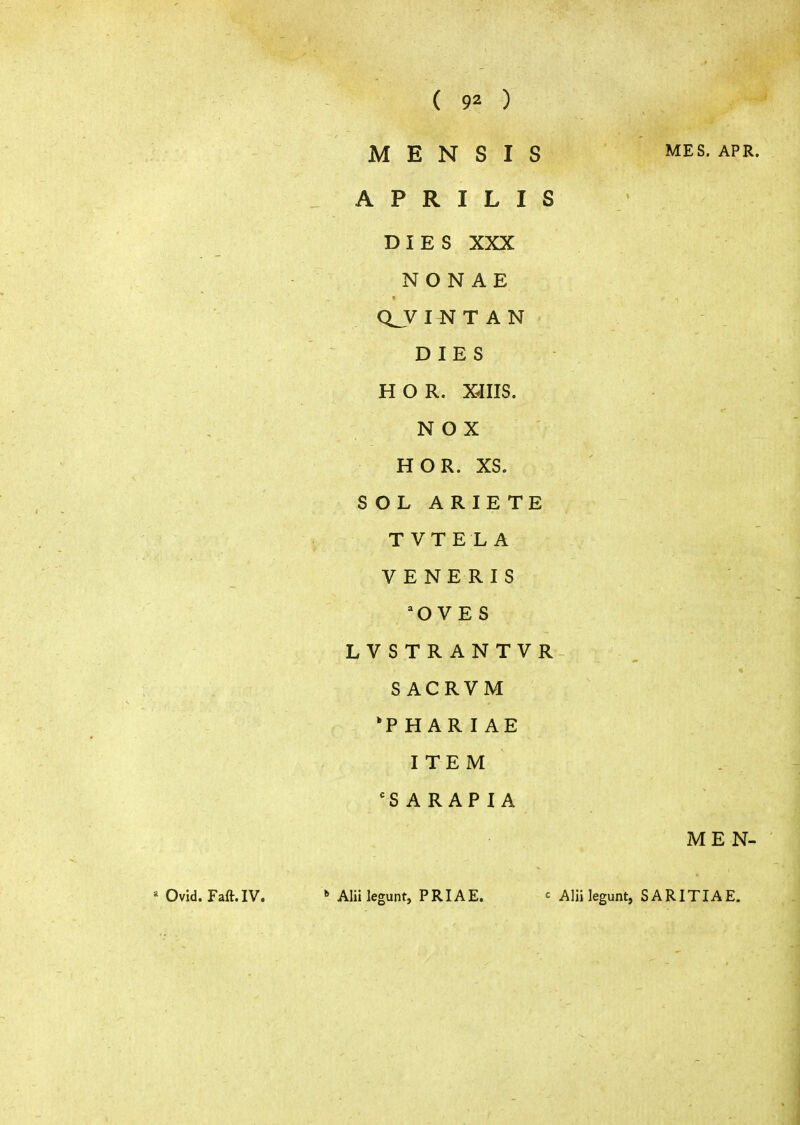 Μ Ε Ν S I S A Ρ R I L I S DIES XXX NON AE Q_VINTAN DIES Η Ο R. XIIIS. Ν Ο X Η OR. XS. SOL ARIE TE TVTELA VENERIS OVES LVSTRANTVR SACRVM Η AR I AE ITEM 'S ARAPIA MES. APR. ME N- Alii legunt, PRIAE. c Alii legunt, SARITIAE.