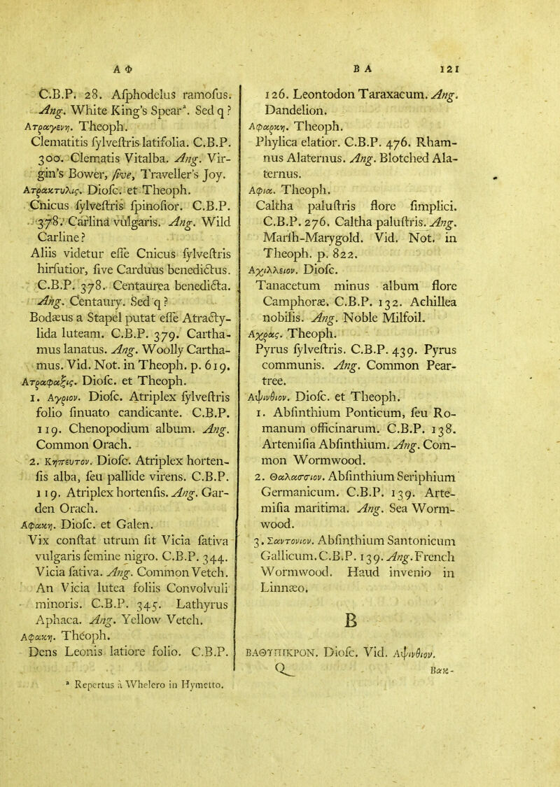 C.B.P. 28. Aiphodelus ramofus. Ang. White King's Spear\ Sed q ? Ατξαγενη. Theoph. Clematitis fylveftris latifolia. C.B.P. 300. Clematis Vitalba. Ang. Vir- gin's Bower, ^ve^ Traveller's Joy. Ατξχχτυλις. Diofc. et Theoph. Chicus fylveftris fpinofior. C.B.P. .-■■378 ; Caflina vulgaris. A/ig. Wild Carline ? Aliis videtur effe Cnicus fylveftris hirfutior, five Carduus benediilus. • C.B.P. 378. Centaurea benedi6la. Centaury. Sed q ? Bodaeus a Stapel putat eife Atrafty- lida luteam. C.B.P. 379. Cartha- mus lanatus. A/jg. Woolly Cartha- mus. Vid. Not. in Theoph. p. 619. Ατξαφαξις. Diofc. et Theoph. 1. Αγξιον. Diofc. Atriplex fylveftris folio finuato candicante. C.B.P. 119. Chenopodium album. Ang. Common Orach. 2. Κνιττευτον. Diofc. Atriplex horten- . iis alba, feu pallide virens. C.B.P. 119. Atriplex hortenfis. A/7g. Gar- den Orach. Αφακ-ή. Diofc. et Galen. Vix conftat utrum fit Vicia fativa vulgaris femine nigro. C.B.P. 344. Vicia fativa. A?2g. Common Vetch. An Vicia lutea foliis Convolvuli • rainoris. C.B.P. 345. Lathyrus Aphaca. ying. Yellow Vetch. Thdoph. Dens Leonis latiore folio. C.B.P. * Repertus ;\ Whelero in Hymetto. 126. Leontodon Taraxacum, yifig. Dandelion. Αφοίξκτι. Theoph. Phylica elatior. C.B.P. 476. Rham- nus Alaternus. Ang. Blotched Ala- ternus. Αφια. Theoph. Caltha paluftris ilore fimplici. C.B.P. 276. Caltha paluftris. A?7g. Marlh-Marygold. Vid. Not. in Theoph. p. 822. Αχίλλειον. Diofc. Tanacetum minus album flore Camphoras. C.B.P. 132. Achillea nobihs. Ang. Noble Milfoil. Αχξχς. Theoph. Pyrus iylveilris. C.B.P. 439. Pyrus communis. A?2g. Common Pear- tree. A^iv&iov. Diofc. et Theoph. 1. Abfmthium Ponticum, feu Ro- manum officinarum. C.B.P. 138. Artemifia Abiintliium. A/g. Com- mon Wormwood. 2. Θα,λασ-ίΤίον, Abfinthium Seriphium Germanicum. C.B.P, 139. Arte- mifia maritima. Ang. Sea Worm- wood. 3. TctvToviov. Abiinthium Santonicum Gallicum. C.B.P. 139. French Wormvx^ood. Haud invenio in Linnceo. Β ΒΑΘΎΠίΚΡΟΝ. Diofc. Vid. A^iv^m.