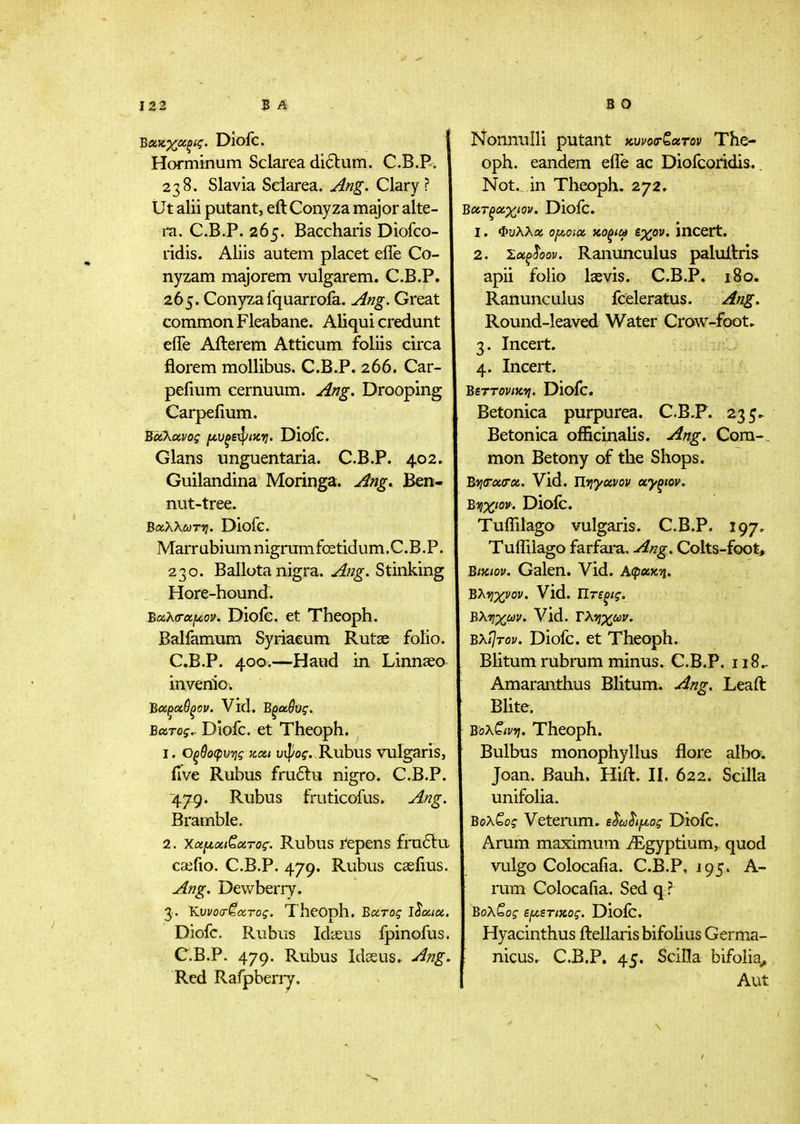 ΒαζχΆξίς. Diofc. | Horminum Sclarea di6lum. C.B.P. 238. Slavia Seiarea. Jlng. Clary? Ut alii putant, eft Conyza major alte- ra. C.B.P. 265. Baccharis Diofco- ridis. Aliis autem placet efle Co- nyzam majorem vulgarem. C.B.P. 265. Conyza fquarrofa. u^ng. Great common Fleabane. Aliqui credunt efle Afterem Atticum foliis circa florem moUibus. C.B.P. 266. Car- pefmm cernuum. Ang. Drooping Carpefium. EciKoiVog f4.v^£^ixvi. Diofc. Glans unguentaria. C.B.P. 402. Guilandina Moringa. j^ng. Ben- nut-tree. Βοίλλωττι. Diofc. MarrabiumnignimfcKtidum.C.B.P. 230. Ballota nigra. Ang. Stinking Hore-hound. Βίζλσ-αι/,ον. Dioie. et Theoph. Balfamum Syriaeum Rutas folio. C.B.P. 400.—Hand in Linnaeo invenio. Βοίζίχθξον. Vrd. Βξοίύΰς. Βάτος.- Diofc. et Theoph. 1. Οξθοφυης zcti υφος. Rubus Vulgaris, five Rubus fru6tu nigro. C.B.P. 479. Rubus fruticofus. uifig. Bramble. 2. Χα^Λίχι^οίτος-. Rubus I'epens fru61:u caifio. C.B.P. 479. Rubus cseiius. Ang. Dewberry. 3.. Τίυνοα-ζατος. TheOph. Βάτος ΐία;«. Diofc. Rubus Iddeus fpinofus. C.B.P. 479. Rubus Idasus, A?7g, Red Rafpbeny. Nonmiili putant κυνοσ-ζοιτον The- oph. eandem eflb ac Diofcoridis.. Not. in Theoph. 272. ΒοίΤξχχιον. Diofc. 1. Φυλλοί ομ,οίο. κοξιω ίχον. incert. 2. Σούξ^ον. Ranunculus paluftris apii folio laevis. C.B.P. 180. Ranunculus fceleratus. /ing^ Round-leaved Water Crow-foot. 3. Incert. 4. Incert. BerTovtXTi. Diofc. Betonica purpurea. C.B.P. 23 5^ Betonica officinalis, ying. Cora-, mon Betony of the Shops. Βν;(ΓΆ(Γθί. Vid. Titiyctvov ay^tov. Bvixiov. Diofc. Tuflilaga vulgaris. C.B.P. 197. Tuflliago farfara. -^ng. Colts-foot> BiKiov. Galen. Vid. Αφχκτι. Βλ·ηχνον. Vid. ΤΙτεξίς, Βλιιχων. Vid. Γλ-ηχων. BXtjTov. Diofc. et Theoph. Blitum rubrum minus. C.B.P. 118^ Amaranthus Blitum. A;ig. Leaft Blite, ΒΌχζινη. Theoph. Bulbus monophyllus flore alba. Joan. Bauh. Hift. II. 622. Scilla unifolia. Βοχζος Vetemm. εL·^^^oς Diofc. Arum maximum iEgyptium, quod vulgo Colocafia. C.B.P, 195. A- rura Colocafia. Sed q ? ΒοΧζος εμ,ΐτιχος. Diofc. Hyacinthus ftellarisbifolius Germa- nicus. C.B.P. 45. Scilla bifolia^, I Aut