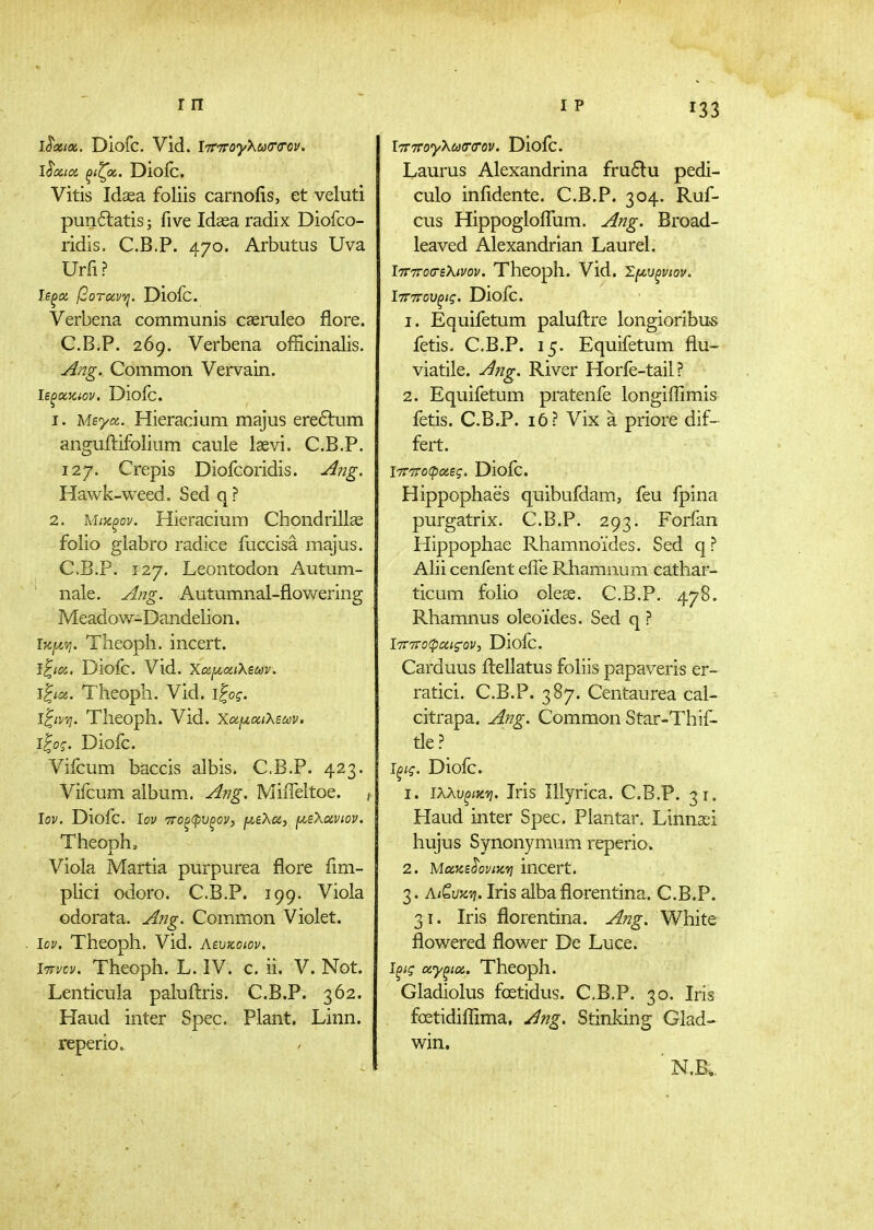 l^xix. Diofc. Vid. ΙττττογλωσΌ-ον. I^aix ξΐζχ. Dioic. Vitis Idsea foliis carnoiis, et veluti punftatis; five Idaea radix Diofco- ridis. C.B.P. 470. Arbutus Uva Urfi? Ι.εξοί βοτανη. Diofc. Verbena communis caeruleo flore. C.B.P. 269. Verbena officinalis. ^ng. Common Vervain. Diofc. 1. MBya. Hieracium majus ereftum anguftifolium caule laevi. C.B.P. 127. Crepis Diofcoridis. Ang, Hawk-weed. Sed q ? 2. Μικξον. Hieracium Chondrillae folio glabro radice fuccisa majus. C.B.P. 127. Leontodon Autum- ' nale. y^ng. Autumnal-flowering Meadow-Dandelion, r^jnij. Theoph. incert. J^ioi. Diofc. Vid. Xai/,atXem. ιξίΰί. Theoph. Vid. ιζινη. Theoph. Vid. Xa^otiXsm, ιίος. Diofc. Vifcum baccis albis. C.B.P. 423. Vifcum album. Ang. MiiTeltoe. , lov. Diofc. lov τΓΟξφυξον, fJueXoi, fisXavtov. Theoph. Viola Martia purpurea flore iim- plici odoro. C.B.P. 199. Viola edorata. Ang. Common Violet. . lov. Theoph. Vid. Αενκαον. Ittvcv. Theoph. L. IV. c. ii. V. Not. Lenticula palufl:ris. C.B.P. 362. Haud inter Spec. Plant. Linn. reperio. 133 ΐ7Γ7Γογλ(ϋσ·(Τον. Diofc. Laurus Alexandrina fru£lu pedi- culo iniidente. C.B.P. 304. Ruf- ous Hippogloflum. Ang. Broad- leaved Alexandrian Laurel. iTTTToa-eXtvov. Theoph. vid. Σ[/,υξνιον. ΙτΓττουξίς. Diofc. 1. Equifetum palufl:re longioribus fetis. C.B.P. 15. Equifetum flu- viatile. Ang. River Horfe-tail? 2. Equifetum pratenfe longiffimis fetis. C.B.P. 16? Vix a priore dif- fert. Diofc. Hippophaes quibufdam, feu fpina purgatrix. C.B.P. 293. Forfan Hippophae Rhamno'ides. Sed q? Alii cenfent efle Rhamnum cathar- ticum folio olese. C.B.P. 478. Rhamnus oleoides. Sed q ? ΐ7Γ7Γθφαις·ον, Dioic. Carduus fliellatus foliis papaveris er- ratici. C.B.P. 387. Centaurea cal- citrapa. Ang. Common Star-Thif- tle? Ιξ;ς. Diofc. 1. ιχχυξίζ-η. Iris Illyrica. C.B.P. 31. Haud inter Spec. Plantar. Linnsei hujus Synonymum reperio. 2. MccKs^oviiCTj incert. 3. Λί^υκ^. Iris alba florentina. C.B.P. 31. Iris florentina. Aiig. White flowered flower De Luce. ΐξις αγξΐΰί. Theoph. Gladiolus foetidus. C.B.P. 30. Iris foetidiflima, Ang. Stinking Glad- win. ' N.B..