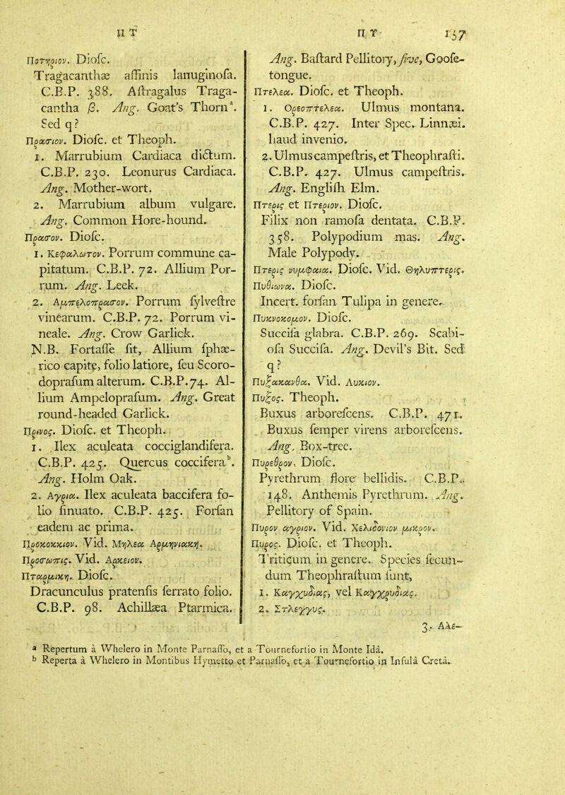 llorvjoiov. Diofc. Tragacanthas aflinis lanugniofa. C.B.P. 3,88. Ailragalus Traga- cantha β. Jng, Goat's Thorn. Sedq? Πξχηον. Diofc. et Theoph. 1. Marrubiam Cardiaca di6tum. C.B.P. 230. Leonurus Cardiaca. ylng. Mother-wort. 2. Marrubium album vulgare. ^f7g. Common Hore-hound. Πρασ-ον. Diofc. 1. κεφαλωτον. Porrumcommune ca- pitatum. C.B.P. 72. Allium Por- rum. ^/7g. Leek. 2. Α^ΛΤΓβλοττξασ-ον. Porrum fylveitre vinearum. C.B.P. 72. Porrum vi- neale. ^Ng. Crow Garlick. N.B. Fortaffe fit, Allium fphae- rico capite, folio latiore, feu Scoro- doprafum alterum. C.B.P.74. Al- lium Ampeloprafum. ying. Great round-headed Garlick. Τίξίνος. Diofc. et Theoph. 1. Ilex aculeata cocciglandifera. C.B.P. 425. Quercus coccifera\ ji?7g. Holm Oak. 2. Αγξία. Ilex aculeata baccifera fo- lio finuato. C.B.P. 425. Forfan • eadera ac prima. Ώξΰκοζκιον. Vld. Μ'ήλεα Α^μψίοίκτί.. Vid. Πτοίξΐ^ίκ-η.. Diofc. Dracunculus pratenfis ferrato folio. C.B.P. 98. Achillasa Ptarmica. nr- 137 j^ng. Baftard Ρϋΐΐΐίοιγ,/υέ, Goofe- tongue. Πτελεοί. Diofc. et Theoph. 1. Οξεοτττελεχ. Ulmus montana. C.B.P. 427. Inter Spec Linnasi. baud invenio. 2. Ulmus campeilrisj et Theophrafti. C.B.P, 427. Ulmus campeftris. A/?g. Enghfh Elm. Πτεξίς et Πτεξίον. Diofc. Fihx non ramofa dentata. C.B.P. 358. Polypodium mas. Male Polypody. Πτε^ις vViU0oiiix. Diofc. Vid. Θνιλντττεξίς. ηυύίωνα.. Diofc. Incert. foifan Tulipa in genere,. Tlvzvozofxov. Dioic. Succifa glabra. C.B.P. 269. Scabi- oili Succifa. y^ng. Devil's Bit. Sed q? Πυ^ακαί^ύα. Vid. Avxiov. Πνζος. Theoph. Buxus arborefcens. C.B.P. 471,, .. Buxus femper virens arborefcens. jdng. Box-tree. Πυξεθξον, Diofc. Pyrethrum florc bellidis. C.B.Po. 148. Anthemis Pyrethrum. ^^/ig. Pellitory of Spain. Πυξον α,γξίον. Vid. Χελι^ονιον ^ικξον, Υΐυξος. Diofc. et Theoph. Triticum in genere. Species fecmi- ' dum Theophraitum ibnt, I. 'Κοί,γχυ.^ίΟίς^ vel Υ.κ'γ-χ^ξυ^ας. 2.. Στλεγγυς,. 2, Αλε^ * Repertum a Whelero in Monte ParnaiTo, et a Toiirnefortio in Monte Ida. b Reperta a Whelero in Montibus Hynaetto et ΡαηΐίιίΤο, et a Tournefortio in Infula Creta.