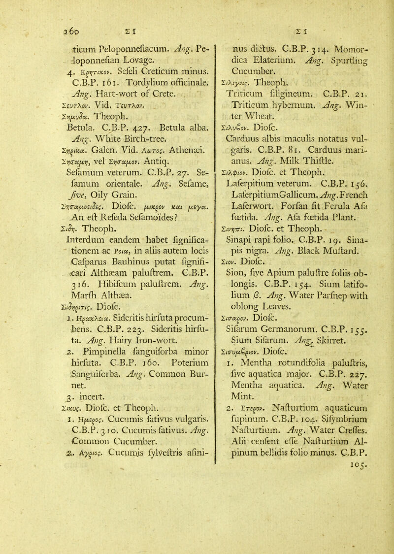 200 ΣΙ , ticum Peloponnefiacum. Ang, Pe- ;loponnefian Lovage. 4. Κξ-ητί^οον. Sefeli Creticum minus. C.B.P. 161. Tordylium officinale. Jljig. Hart-wort of Crete. ΣΐΜτλον. Vid. Τευτλοκ, Σψυ^. Theoph. Betula. CB.P. 427. Betula alba. ^ng. White Birch-tree. Έ.ψΐξίκα.. Galen. Vid. Κωτος. Athenaii. lyjorccfXTi, vel Σ'ησ'αμ,ον. Antiq. Seiamum veterum. C.B.P. 27. Se- famum orientale. Ang. Sefame, Jive, Oily Grain. Σ'ήταμ,οζί^ζς. Diolc. f^ta^ov aai ^^εγα. An «ίΐ Refeda Sefamoides ? Σί^η. Theoph. Interdum eandem habet fignifica- tionem ac Pau, in aliis autem locis Gafparus Bauhinus putat figniii- ;cari Aithceam paluilrem. C.B.P. 316. Plihifcum paluilrem. Ang. Marih Althaea. Τίί^ξίπς. Diofc. y. H^ajiXsia. Sideritis hirfuta procum- Jbens. C.B.P. 223. Sideritis hirfu- ta. Ang. Hairy Iron-wort. .2. Pimpinella fanguiforba minor hirfuta. C.B.P. 160. Poterium ;S,anguifcrba. Aug. Common Bur- net, incert. 1 Χικ,υς. Diofc. et Theoph. I. ΉΐΛΖξος. Cucumis fativus vulgaris. C.B.P. 3 10. Cucumis fativus. Aug. Common Cucumber. 2c. Αγξιος.. Cucumis fylveilris afmi- nus di6lus. C.B.P. 314. Momor- dica Elaterium. Ang. Spurtiing Cucumber. Σίλιγνις. Theopll. Triticum filigineum. C.B.P. 21. Triticum hybernum. A/tg. Win- ter Wheat. Σίλυζον. Diofc. Carduus albis maculis notatus vul- garis. C.B.P. 81. Carduus mari- anus. Ang. Milk Thiftle. Σίλφίον. Diofc. et Theoph. Laferpitium veterum. C.B.P. 156. LaferpitiumGallicum. A?7g, French Laferwort. Forfan fit Ferula Afa foetida. Ang. Afa foetida Plant. ΣινητΓΐ. Diofc. et Theoph. - Sinapi rapi folio. C.B.P. 19. Sina- pis nigra. A?ig. Black Muilard. Σίον. Diofc. Sion, five Apium paluilre foliis ob- longis. C.B.P. 154. Sium latifo- lium /3. A?2g. Water Parfnep with oblong Leaves. Σί(Γο:.ξον. Diofc. Sifarum Germanorum. C.B.P. 155. Sium Sifarum. A/?g^ Skirret. Σΐ(τυι^ζ>ξίϋν. Diofc. 1. Mentlia rotundifolia paluftris, five aquatica major. C.B.P. 227. Mentha aquatica. Aug. Water Mint. 2. ΕτεξΌν. Nailuitium aquaticum fupinum. C.B.P. 104. Sifymbrium Nafturtium. A/ig. Water Creifes. Alii cenfent effe Nafturtium Al- pinum bellidis tolio minus. C.B.P. 105.