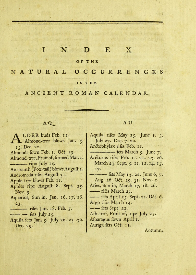 Ο F Τ Η Ε NATURAL OCCURRENCES I Ν τ Η Ε ANCIENT ROMAN CALENDAR. A Q_ ALDER buds Feb. ii. Almond-tree blows Jan. 3. 15. Dec. 20. Almonds fown Feb. i. 0£t. 29. Almond-tree, Fruit of, formed Mar. i. ripe July 15. Amaranth (Fox-tail) blows Auguft i. Andromeda rifes Auguft 31. Apple-tree blows Feb. 11. Apples ripe Auguil 8. Sept. 25. Nov. 9. Aquarius, Sun in, Jan. 16, 17, 18. 23· rifes Jan. 18. Feb. 5. — fets July 25. Aquila fets Jan. 5. July 20. 23 .30. Dec. 29. A U Aquila rifes May 25. June i. 3. July 27. Dec. 7. 20. Ardtophylax rifes Feb. 11. fets March 5. June 7. Ar6lurus rifes Feb. 11. 21. 23. 26» March 23. Sept. 5. 11,12.14, 15. 17· — fets May 13. 22. June 6, 7. Aug. 26. 06t. 29. 31. Nov. 2. Aries, Sun in, March 17, 18. 26. rifes March 23. fets April 25. Sept. 21. 0*51. 6. Argo rifes March 14. fets Sept. 22. Aih-tree, Fruit of, ripe July 25* Afparagus fown April i. Auriga fets 06t» 11» Autumnj,