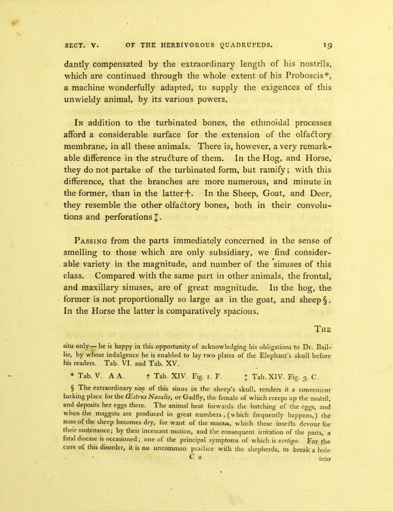 dantly compensated by the extraordinary length of his nostrils, which are continued through the whole extent of his Proboscis*, a machine wonderfully adapted, to supply the exigences of this unwieldy animal, by its various powers. In addition to the turbinated bones, the ethmoidal processes afford a considerable surface for the extension of the olfa6lory membrane, in all these animals. There is, however, a very remark- able difference in the stru6lure of them. In the Hog, and Horse, they do not partake of the turbinated form, but ramify; with this diflference, that the branches are more numerous, and minute in the former, than in the latter-f. In the Sheep, Goat, and Deer, they resemble the other olfactory bones, both in their convolu- tions and perforations . Passing from the parts immediately concerned in the sense of smelling to those which are only subsidiary, we find consider- - able variety in the magnitude, and number of tlie sinuses of this class. Compared with the same part in other animals, the frontal, and maxillary sinuses, are of great magnitude. In the hog, the ■ former is not proportionally so large as in the goat, and sheep §. In the Horse the latter is comparatively spacious. The situ only—he is happy in this opportunity of acknowledging his obligations to Dr. Bail- lie, by whose indulgence he is enabled to lay two plates of the Elephant's skull before his readers. Tab. VI. and Tab, XV. * Tab. V. A A. t Tab. XIV. Fig. i. F. + Tab. XIV. Fig. 3. C. § The extraordinary size of this sinus in the sheep's skull, renders it a convenient lurking place for tlie (Estrus Nasalis, or Gadfly, the female of which creeps up the nostril, and deposits her eggs there. The animal heat forwards the hatching of the eggs, and when the maggots are produced in great numbers , (which frequently happens,) the nose of the sheep becomes dry, for want of the mucu«, which these insefts devour for their sustenance; by tlieir incessant motion, and the consequent irritation of the parts, a fatal disease is occasioned; one of the principal symptoms of which is vertigo. For the £ure of this disorder, it is no uncommon piaaice with the shepherds, to break a hole