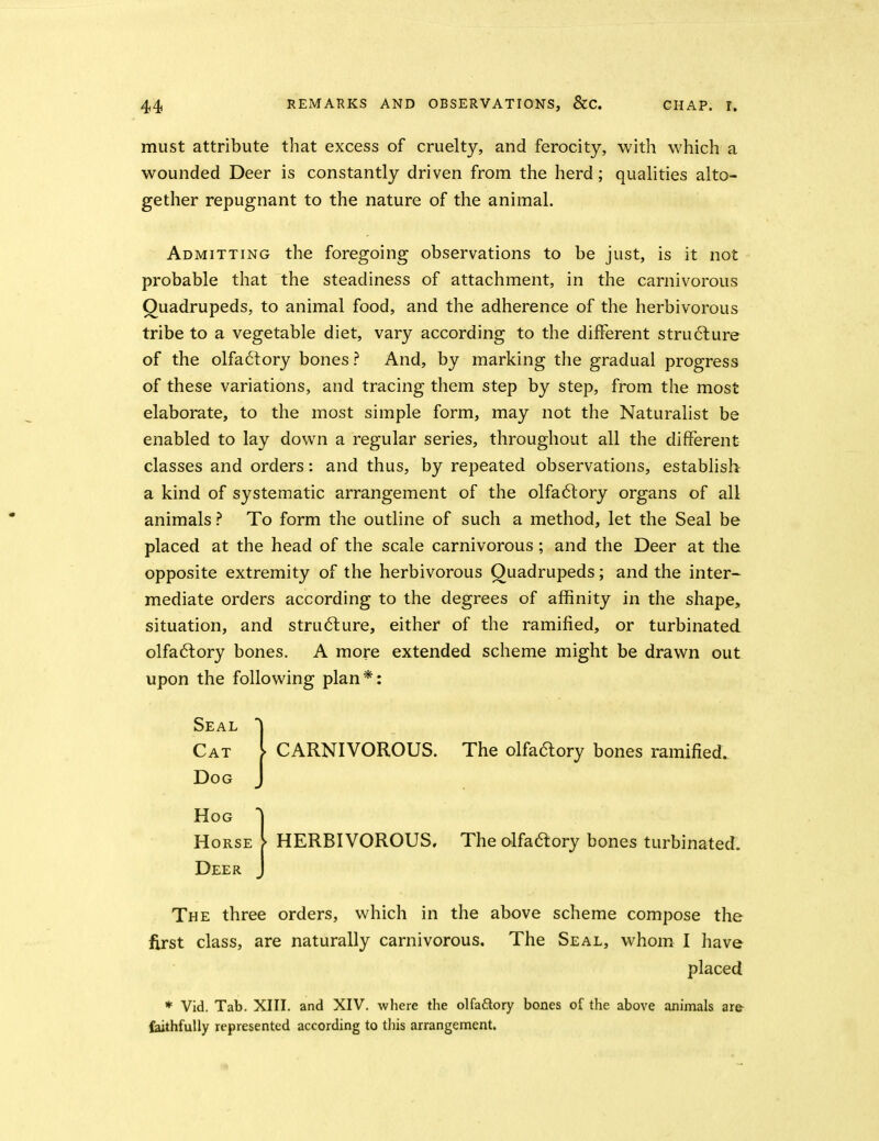 must attribute that excess of cruelty, and ferocity, with which a wounded Deer is constantly driven from the herd; qualities alto- gether repugnant to the nature of the animal. Admitting the foregoing observations to be just, is it not probable that the steadiness of attachment, in the carnivorous Quadrupeds, to animal food, and the adherence of the herbivorous tribe to a vegetable diet, vary according to the different stru6lure of the olfa6lory bones ? And, by marking the gradual progress of these variations, and tracing them step by step, from the most elaborate, to the most simple form, may not the Naturalist be enabled to lay down a regular series, throughout all the different classes and orders: and thus, by repeated observations, establish a kind of systematic arrangement of the olfa6lory organs of all animals ? To form the outline of such a method, let the Seal be placed at the head of the scale carnivorous ; and the Deer at the opposite extremity of the herbivorous Quadrupeds; and the inter- mediate orders according to the degrees of affinity in the shape, situation, and structure, either of the ramified, or turbinated olfaftory bones. A more extended scheme might be drawn out upon the following plan*: Seal Cat Dog Hog Horse Deer ► CARNIVOROUS. The olfaftory bones ramified. HERBIVOROUS. The olfaaory bones turbinated. The three orders, which in the above scheme compose the first class, are naturally carnivorous. The Seal, whom I have placed ♦ Vid. Tab. XIII. and XIV. where the olfa£lory bones of the above animals are faithfully represented according to this arrangement.