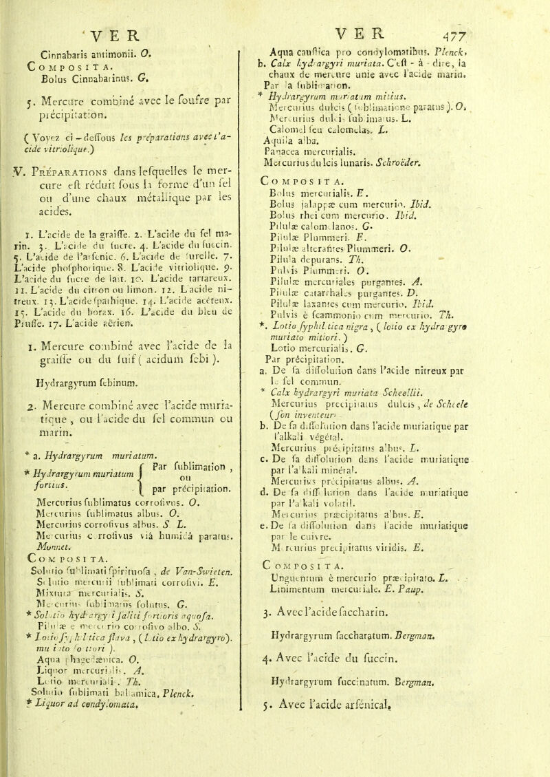 Cinnabaris antimonii. 0. Composita. Bolus Cinnabaiinus. G. 5. Mercure combiné avec le fourre par piéciphation. (Voyez ci-defi~ouS les préparations avec l'a- cide vitrioliquc) y. Préparations dans lefquelles le mer- cure e-ft réduit fous la forme d'un fel ou d'une chaux métallique par les acides. î. L'acide de la graiffe. x. L'acide du fel ma- rin. 3. L'acide du tucrt. 4. L'acide du fiiecin. 5. L'acide de Parfenie. 6. L'acide de 'urelle. 7. L'acide pholphoiiquc. 8. L'acide vitriolique. o. L'acide du fucre de lait. 10. L'acide tartareux. 11. L'acide du citron ou limon. 12. L'acide ni- îreux. 1 3. L'acide fpathique. 14. L'acide acéteux. 15. L'acide du borax. 16. L'acide du bltu de Pjaile. 17. L'acide aérien. I. Mercure combiné avec l'acide de la graille ou du fuif ( acidum febi ). Hydrargyrum febinum. 2- Mercure combiné avec l'acide muria- tique , ou l'acide du fel commun ou marin. * a. Hydrargyrum muriatum. . TT , . f Par fublimatior» , * hydrargyrum muriatum I ou forUuS: | par précipitation. Mercurius fublimatus corroCivns. O. Mercurius fublimatus albus. O. Mercurius corrolivus albus. S L. Me curius c rrorivus via humic'â paratus. Monnet. C O M P O S I TA. Solurio liai limati fpir'tuofa , de Van-Swieten. S< Lutio mtrciirii ;ub!imari torrofivi. E. Mixruca mercuriaiis. S. Mercurms fublimatîTs folutns. G. * Sol-tin hyd'crçy ï fdliti fortioris âquqfd. Pi h a? e merci rio corrbfivo albo. S. . * Lotfojyj h hpicâ flava , (Llio exhydrargyro). mu i ito 'o tiori ). Aqua | hagedâÊwca. O. Liqn-or merctirUHs. A. Li rio m. n. m i.ili . Th. Soliiiio fnblimati bali'amiça. Plenck. ? Litjuor ad condyiomata, Aqua caufb'ca pro condylomatibus. Tlenck* b. Caix kyd>argyri muriata.Q\i\ - à • dire, ia chaux de met aire unie avec l'acide marin. Par !a fublrvanon. * Hydrargyrum muriatum mitius. Merci» ius dukeis ( n.-b!ifB?.ti's-ne parât us ). O, Mercurius dtiki- fub imams. L. Caiomcl feu calorflèlars-, L. Aquiia a!ba; Paiacea mercurialis. Met curius du Icis lunaris. Schroeder. C o M p o S 1 T A. Bolus niercuriaiis.. E. Bolus jalappas cum mercurm. Jbid. Bo'.us rhei eem mercurio. Ibid. Pilulas calormlano?. G' Pilulae Plumrtleri. E. Pilulae altérantes Plutnmerï. O. Piiu'a depurans. Th. Puhis Piumiruri. O. rilulae mercuriales purgantes. A. Piiulœ catanhaLs purgantes. D. Pilulse [axantes cum mercurio. Ibid. Pulvis è feammonio cr.m mercurio. Th. *. Lotia fyphil tica nigra , ( lotio ex hydra gyra muriato mi tiori. ) Lotio mercuriaik. G. Par précipitation. a. De fa ditîolmion dans l'acide nitreux par le fel commun. * Calx hydrargyri muriata Sclieellii. Mercurius precipiiatus duicis , de Schcele (fen inventeun . b. De fa difTol'utiori dans l'acide muriatique par I'alkali végétal. Mercurius piéJpiratus a!buc. X. c. De fa dîlfolunon dans l'acide muriatique par l'a'kali minéta'. Merci»i 1. s précipitais albu«. A. d. De fa ciifli lution dans l'acide muriatique par l'a'kali volatil. Meicuriu; prsecipitatns a'bus. E. e. De la diflolution dans l'acide muriatique par le cuivre. M creurms précipitants viricis. E. Composita. Ungutnrum è merct-rio prae. ipbato. L. ■ Linimentum mercuriale,. E. Paup. 3. Avec l'acide faccharin. Hydrargyrum facebaratum. Bergman. 4. Avec l'acide du fucern. Hydrargyrum fuccinatum. Bergman, 5. Avec l'acide a'rfénicalg