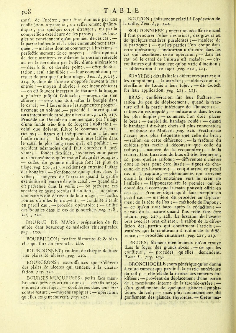 canal de l'urètre, peut è re diminué par une conftri&ion organique , un refferreir.ent fpafmo- diqiu , par quelque corps étranger } ou parla compreffipn extérieure de fes parois ; — les bou- gies ne conviennent qu'au premier de ces cas ; >— la partie bulbeufe eft la plus communément atta- quée ; — matière dont on commença à les faire ; — perfectionnement de ce moyen ; — elles opèrent de deux manières en dilatant la portion rétrécie ou en la détruifant par l'effet d'une ulcération ; — détails fur ce dernier point ; — effet de dila tation , leul admiffibie ; — leur compofition ; — règles de pratique fur leur ufage. Tom. I, p.ti$ , 114. Spafme de l'urètre s'oppofe fouvent à leur entrée ; — moyen d'obvier à cet inconvénient; — on eft fouvent incertain de ftatuer fi la bougie a pénétré jufqu'à l'obtlacle ;— moyen de s'en affurer —t'ems que doit refter la bougie dans Je canal ; —il faut enfuira les augmenter progref- fivemenc en volume ;— procédé à fuivre quand on a intention de produire ulcération, p. zi6, 217. Procédé de Default en commençant par l'ufage d'une fonde très-fine & forçant l'obftacle ; — celui que doivent fuivre le commun des pra- ticiens ; — fignes qui indiquent qu'on a fait une fauffe route ; — la bougie doit être laifl'ée dans le canal le plus long-tems qu'il eft poffible ; — accident néanmoins qu'il faut chercher à pré- venir j— fondes flexibles, inventées pour parer aux inconvéniens qu'entraîne l'ufage des bougies ; •— celles ds gomme élaftique font les plus en ufage.pag. 216^117. Accidens qu'entraîne l'ufage des bougies ; — s'enfoncent quelquefois dans la veffie ; — moyens de l'extraire quand la greffe extrémité eft encore dans le canal ; — quand elle eft parvenue dans la veffie ; — on prévient ces accidens en ayant recours à un lien ; — accidens confécutifs qui dérivent de leur ufage ; — faufles routes où elles fe trouvent ; — conduite à tenir en pareil cas ; — procédé opératoire ; — utilité des bougies dans le cas de gonorrhée. pag. 218 } 210 , 220. BOU RLE DE MARS ; préparation de fer ufitée dans beaucoup de maladies chirurgicales. pag. 200. BOURBILLON; matière filamenteufe & blan- che qui fort du furoncle, lbid. BOURDONNET ; rouleau de charpie deftinée aux plaies & ulcères, pag. 210. BOURGEONS ; excroiffances qui s'élèvent des plaies & ulcères qui tendent à la cicatri- fation. pag. 221. BOURSES MUQUEUSES ; petits facs mem- brmeux près des articulations ; — détails anato- miques à leur fujet ; — confédérées dans leur état contre nature ; —-moyens topiques ; — opérations qu'elles exigent fouvent. pag. 222. BOUTON ; infiniment relatif à l'opération de la taille. Tom. I,p. 111. BOUTONNIÈRE ; opération néceffaire quand il faut procurer l'iffue des urines 3 des gravirs «u de quelques matières purulentes; — manière de la pratiquer ; — quelles parties l'on coupe dans cette opération; — indication ultérieure dans les cas qui néceflîtent cette opération ; — dans les cas où le canal de l'urètre eft malade^; — cir- conftances qui demandent qu'on varie trincifion ; — obfervation à ce fujet. pag. 12.1, 223. BRAYERS ; détails fur les différentes parties qui les compofent ; —la matière ; >— obfervation în- téreflanre de Louis à leur fujet ; — de Gooch fur leur application, pag. 225 , 225. BRAS ; confédération fur leur fra&ure ; — raifon du peu de déplacement , quand la frac- ture eft à la partie inférieure de l'humérus ; — raifons du cas oppofé ; — indications dans les cas les plus fimples ; — comment l'on doit placer le bras ; — emploi du bandage roulé ; — quand le bandage à dix-huit chefs eft plus convenable; — méthode de Mofcati. pag. 226. Fradture de l'avant bras plus fréquente .que celle du bras ; — raifon de cette différence ; — la fraéture du cubitus p'us facile à découvrir que celle du radius; — manière de la reconnokre;—de la tiaiter. lbid. Luxation du bras eft très-fréquente , & pour quelles raifons; — différentes manières dont le bras peut être luxé; — fignes de cha- cune de ces luxations ; — ce qai arrive en pareil cas à la capfule ; — phénomènes qui arrivent quand la tête eft entraînée vers le creu de Taiffelle ; — Hippocrate eft le premier qui ait douté des Lcours que la main pouvoit offrir en ce cas. — Premier objet qu'il faut remplir en pareil cas ; — manière de procéder au déplace- ment de la tête de l'os ; — méthode de Dupouy ; — ce qu'on deit faire après la réduction ; —• t avail de la nature quand l'os refte fans être réduit, pag. 227 , 228. La luxation de l'avant- bras avec les bras eft rare , à raifon de la difpo- fition des parties qui conftituent l'article ; —■ variétés qui la conftituent à raifon de la diffé- rence ; — procédés curatoires. pag. 228, 229. BRIDES; filamens membraneux qu'on trouve dans le foyer des grands abcès ; — ce qui les conftitue ; — procédés qu'elles demandent, Tome I 3 pag. 129. BRONCHOCÈLE ; nom générique qu'on donne à toute tumeur qui paroît à la partie antérieure du col ; — elle eft de la nature des tumeurs en- kiftées 5 — provient du déplacement d'une partie de la membrane interne de la trachée-artère ; — d'un gonflement de quelques glandes lympha- tiques du col 5 — mais plu: communément du gonflement des glandes thyroïdes. — Cette ma-