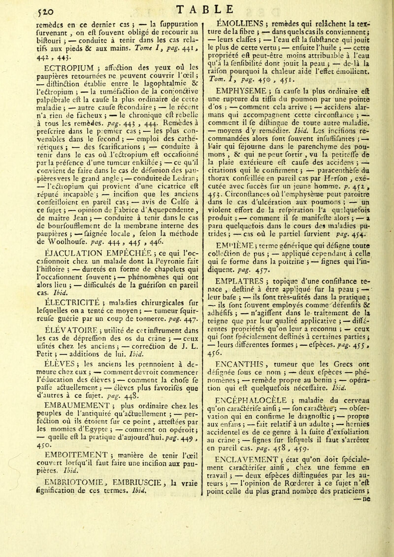 jio T A remèdes en ce dernier cas 5 — la fuppuration furvenant } on eft fouvent obligé de recourir au biftouri ; — conduite à tenir dans les cas rela- tifs aux pieds & aux mains. Tome I} pag. 441, 442 , 443- ECTROPIUM ; affection des yeux où les paupières retournées ne peuvent couvrir l'œil ; — diftinction établie entre le lagophtalmie & l'ectropium ; — la tuméfaction de la con;onciive palpébrale eft la taufe la plus ordinaire de cette maladie ; — autre caufe fecondaire ; — le récent n'a rien de fâcheux ; — le chronique eft rebelle à tous les remèdes, pag. 443 , 444. Remèdes à prefcrire dans le premier cas ; — les plus con- venables dans le fécond ; — emploi des cathé- rétiques ; •— des fcarifications ; — conduite à tenir dans le cas où J'ectropium eft occafionné par la préfence d'une tumeur enkiftée ; — ce qu'il convient de faire dans le cas de défunion des pau- pièresvers le grand angle; — conduitede Ledranj — Fectropium qui provient d'une cicatrice eft réputé incapable ; ■— incifion que les anciens confeilloient en pareil cas; — avis de Celfe à ce fujet ; — opinion de Fabrice d'Aquependente, de maître Jean ; — conduite à tenir dans le cas de bourfoufflement de la membrane interne des paupières;—faignée locale 3 félon la méthode de Woolhoufe. pag. 444, 44J , 446. ÉJACULATION EMPÊCHÉE ; ce qui l'oc- cafionnoit chez un malade dont la Peyronie fait l'hiftoire ; — duretés en forme de chapelets qui l'occafionnent fouvent;—phénomènes qui ont alors lieu ; — difficultés de la guérifon en pareil cas. lbid. ELECTRICITE ; maladies chirurgicales fur lefquelles on a tenté ce moyen ; — tumeur fquir- reufe guérie par un coup de tonnerre, pag. 447. ELEVATOIRE ; utilité de ce t infiniment dans les cas de déprefïion des os du crâne ; — ceux ufités chez les anciens ; — correction de J. L. Petit ; — additions de lui. lbid. ELEVES ; les anciens les prennoient à de- meure chez eux 5 —• comment de vroit commencer l'éducation des élèves ; — comment la chofe fe palïé actuellement ; — élèves plus favorifés que d'autres à ce fujet. pag. 448. EMBAUMEMENT ; plus ordinaire chez les peuples de l'antiquité qu'actuellement ; — per- fection où ils étoient fur ce point , atteftées par les momies d'Egypte ; —comir.ent on opéroit; —■ quelle eft la pratique d'aujourd'hui.449 3 450. EMBOITEMENT ; manière de tenir l'œil couv-rt lorfqu'il faut faire une incifion aux pau- pières, lbid. EMBRIOTOMIE, EMBRIUSCIE, la vraie lignification de ces termes, lbid. BLE ÉMOLLIENS ; remèdes qui relâchent la tex- ture de la fibre ; r— dans quels cas ils conviennent ; — leurs clalTes ; — l'eau eft la fubftance qui jouit le plus de cette vertu ; — enfuite l'huile ; — cette propriété eft peut-être moins attribuable à l'eau qu'à la fenfibilité dont jouit la peau ; — de-là la raifon pourquoi la chaleur aide l'effet émoilient. Tom. 1, pag. 450 ,451. EMPHYSEME ; fa caufe la plus ordinaire eft une rupture du tiffu du poumon par une pointe d'os ; —comment cela arrive ; — accidens alar- mans qui accompagnent cette circonftance ; —- comment il fe diftingue de toute autre maladie. — moyens d'y remédier, lbid. Les incifions re- commandées alors font fouvent infuffifantes ;—■ l'air qui féjourne dans le parenchyme des pou- mons , & qui ne peut fortir , vu la petitefte de la plaie extérieure eft caufe des accidens ; —- citations qui le confirment 5 — paracenthèfe du thorax confeillée en pareil cas par Herfon } exé- cutée avec fuccès fur un jeune homme, p. 452 , 453. Circonftances où l'emphysème peut paraître dans le cas d'ulcération aux poumons ; — un violent effort de la refpiration l'a quelquefois produit ; — comment il fe manifefte alors ; ■— a paru quelquefois dans le cours des ma'adies pu- trides ; — cas où le partiel furvient pag. 454. EM^IEME; terme générique qui défigne toute collection de pus ; — appliqué cependant à celle 3ui fe forme dans la poitrine j — lignes qui l'in- iquent. pag. 457. EMPLATRES ; topique d'une confiftance te- nace , deftiné à être appliqué fur la peau ; — ' leur bafe ; — ils font très-ufités dans la pratique ; — ils font fouvent employés comme''défenfirs & adhéfifs ; — n'agiffent dans le traitement de la teigne que par leur qualité applicative ; — diffé- rentes propriétés qu'on leur a reconnu ; — ceux qui font fpécialement deftinés à certaines parties j — leurs différentes formes ; — efpèces. pag. 455 , 4J6- ENCANTHIS, tumeur que les Grecs ont défïgnée fous ce nom ; — deux efpèces — phé- nomènes ; —■ remède propre au bénin ; — opéra- tion qui eft quelquefois nécefî'aire. lbid. ENCÉPHALOCÈLE ; maladie du cerveau qu'on caractérife ainfi ; — fon caractère ; — obfer- vation qui en confirme le diagnoftic ; — propre aux enfans ; —fait relatif à un adulte ; — hernies accidentel es de ce genre à la fuite d'exfoliation au crâne ; — lignes fur lèfquels il faut s'arrêter en pareil cas. pag. 458 > 4^9. ENCLAVEMENT ; état qu'on doit fpéciale- ment caractérifer ainfi, chez une femme en travail ; — deux efpèces diflinguées par les au- teurs ; — l'opinion de Rcederer à ce fujet n'eft point celle du plus grand nombre des praticiens ; — ne