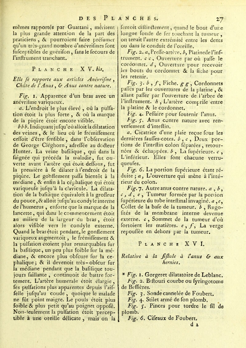 mêmes rapportés par Guattani, méritent { la plus grande attention de la part des praticiens , & pourroient faire préfumer qu'un très-grand nombre d'anévrifmes font fufceptibles de guérifon, fans le fecours de l'inftrument tranchant. Planche X V. bis. Elle fe rapporte aux articles Anévrifme , Chûte de C Anus , & Anus contre nature. Fig. i. Apparence d'un bras avec un anévrilme variqueux. a. L'endroit le plus élevé , où la pulfa- tion étoit la plus forte , & où la marque de la piqûre étoit encore vifible. bbb. Indiquant jufqu'où alloit la dilatation des veines , & le lieu où le frémilfement ceffoit d'être fenfible , dans l'obfervation de George Cléghorn, adreffée au docteur Hunter. La veine bafiiique , qui dans la faignée qui précéda la maladie, fut ou- verte avant l'artère qui étoit deflbus, fut la première à fe dilater à l'endroit de la piqûre. Le gonflement pafTa bientôt à la médiane, Se enfin à la céphalique qui étoit variqueufe jufqu'à la clavicule. La dilata- tion de la bafiiique équivaloit à la groffeur du pouce, Se alloit iufqu'au condy le interne de l'humérus , enforte que la marque de la lancette, qui dans le commencement étoit au milieu de la largeur du bras , étoit alors vifible vers le condyle externe. Quand le bras étoit pendant, le gonflement variqueux augmentoit, le frémiffement & la pulfation étoient plus remarquables fur la bafiiique, un peu plus foible fur la mé- diane, & encore plus obfcure fur la cé- phalique Se il devenoit très-obfcur fur la médiane pendant que la bafiiique tou- jours faillante , continuoit de battre for- tement. L'artère humerale étoit élargie , fes pulfations plus apparentes depuis l'aif- fèlle jufqu'au coude, quoique le malade ne fût point maigre. Le pouls étoit plus foible Se plus petit qu'au poignet oppofé. Non-feulement la pullation étoit percep- tible à une oreille délicate , mais on la ANCHES. 27 fentoit diftinâement, quand le bout d'une longue fonde de fer touchant la tumeur , on tenait l'autre extrémité entre les dents ou dans le conduit de l'oreille. Fig. 2. a,Preffe-artère. b, Plati nede l'inf- trument. c c, Ouverture par où paffe le cordonnet, d, Ouverture pour recevoir les bouts du cordonnet & la fiche pour les retenir. Ffe* 3- b , /, Fiche, gg, Cordonnets paffés par les ouvertures de la platine , Se allant paffer par l'ouverture de l'arbre de l'inftrument. h , L'artère comprife entre la platine Se le cordonnet. Fig'. 4. Peffaire pour foutenir l'anus. Fig. 5. Anus contre nature avec ren- verfement d'inteflin. a. Cicatrice d'une plaie reçue fous les dernières faufies-cotes. b , c , Deux por- tions de l'inteftin colon féparées , retour- nées Se échappées, b , La fupérieure. c , L'inférieur. Elles font chacune verru- queufes. Fig. 6. La portion fupérieure étant ré- duite ; a, L'ouverture qui mène à l'inté- rieur du colon. Fig.j. Autre anus contre nature, a , £, c y d, e , Tumeur formée par la portion fupérieure du tube inteftinalinvaginé. a Collet de la bafe de la tumeur, b , Rugo- fiiés de la membrane interne devenue externe, c , Sommet de la tumeur d'où fortoient les matières, e , La verge repouflée en dehors par la tumeur. Planche XVI. Relative à la Jîjlule à l'anus & aux hernies. * Fig. 1. Gorgeret dilatatoire de Leblanc. Fig. 2. Biftouri courbe ou fyringotome de Beffières. Fig. 3. Sonde cannelée de Foubert. Fig. 4. Stilet armé de fon plomb. Fig. y. Pinces pour tordre le fil de plomb. Fig. 6. Cifeaux de Foubert. d 3.