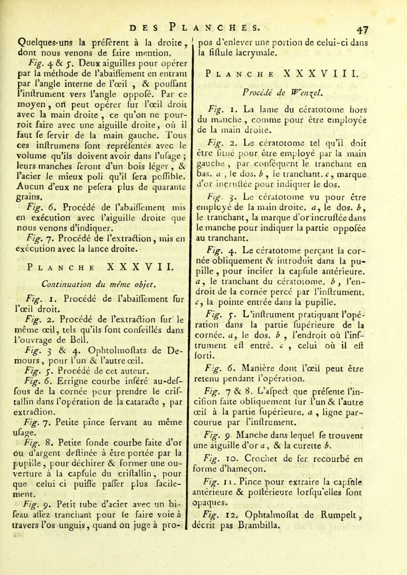 Quelques-uns la préfèrent à la droite, dont nous venons de faire mention. Fig. 4 & y. Deux aiguilles pour opérer par la méthode de l'abaiflement en entrant par l'angle interne de l'œil , & pouffant l'inflrument vers l'angle oppofé. Par c moyen , on peut opérer fur l'œil droit avec la main droite , ce qu'on ne pour- roi t faire avec une aiguille droite, où il faut fe fervir de la main gauche. Tous ces inflrumens font repréfentés avec le volume qu'ils doivent avoir dans l'ufage ; leurs manches feront d'un bois léger , & l'acier le mieux poli qu'il fera poflîble. Aucun d'eux ne pefera plus de quarante grains, Fig. 6. Procédé de l'abaiflement mis en exécution avec l'aiguille droite que nous venons d'indiquer. Fig. 7. Procédé de l'extraction, mis en exécution avec la lance droite. Planche XXXVII. Continuation du même objet. Fig. 1. Procédé de l'abaiflement fur l'œil droit. Fig. 2. Procédé de l'extraction fur'le même œil, tels qu'ils font confeillés dans l'ouvrage de Bell. Fig. 3 & 4. Ophtolmoftats de De- mours, pour l'un & l'autre œil. Fig. £. Procédé de cet auteur. Fig. 6. Errigne courbe inféré au-def- fous de la cornée peur prendre le crif- tallin dans l'opération de la cataracte , par extraction. Fig. 7. Petite pince fervant au même ufage. Fig. 8. Petite fonde courbe faite d'or ou d'argent deflinée à être portée par la pupille, pour déchirer & former une ou- verture à la capfule du criftallin, pour que celui ci puiffe paffer plus facile- ment. Fig. p. Petit tube d'acier avec un bi- feau allez tranchant pour le faire voie à travers l'os unguis, quand on juge à pro- pos d'enlever une portion de celui-ci dans la fiflule lacrymale. Planche XXXVIII. Procédé de WenT^el. Fig. 1. La lame du cératotome hors du manche , comme pour être employée de la main droite. Fig. 2. Le cératotome tel qu'il doit être fitué pour être employé par la main gauche, par conféquent le tranchant en bas. a , le dos. b , le tranchant, c, marque d'or inçruliée pour indiquer le dos. Fig, 3. Le cératotome vu pour être employé de la main droite, a, le dos. b, le tranchant, la marque d'orincrufléedans le manche pour indiquer la partie oppofée au tranchant. Fig. 4. Le cératotome perçant la cor- née obliquement & introduit dans la pu» pille, pour incifer la capfule antérieure. a, le tranchant du cératotome. b , l'en- droit de la cornée percé par l'inftrument. Cy la pointe entrée dans la pupille. Fig. y. L'inflrument pratiquant l'opé- ration dans la partie fupérieure de la cornée, a, le dos. b , l'endroit où l'inf- trument elt entré, c , celui où il eft forti. Fig. 6. Manière dont l'œil peut être retenu pendant l'opération. Fig. 7 & 8. L'afpecl que préfente l'in- cifion faite obliquement fur l'un & l'autre œil à la partie fupérieure. a , ligne par- courue par l'inflrument. Fig. p. Manche dans lequel fe trouvent une aiguille d'or a, & la curette b. Fig. 10. Crochet de fer recourbé en forme d'hameçon. Fig. 11. Pince pour extraire la capfule antérieure & poltérieure lorsqu'elles font Opaques. Fig. 12. Ophtalmoftat de Rumpelt, décrit pas Brambilla.