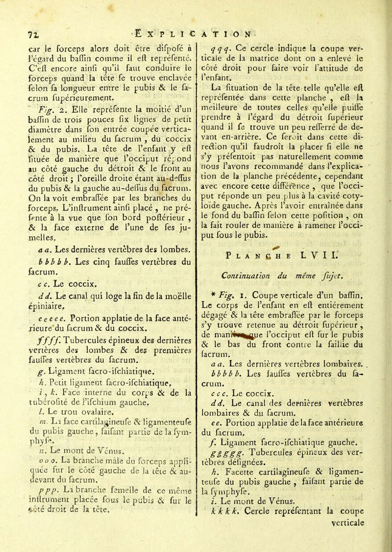 car le forceps alors doit être difpofé à l'égard du baiTîa comme il eft repréfenté. Oeft encore ainfi qu'il faut conduire le forceps quand la tête fe trouve enclavée félon fa longueur entre le pubis & le fa- crum fupérieurement. F/g. i. Elle repréfenté la moitié d'un baffin de trois pouces fix lignes de petit diamètre dans fon entrée coupée vertica- lement au milieu du facrum , du coccix & du pubis. La tête de l'enfant y eft fhuée de manière que l'occiput répond au côté gauche du détroit & le front au côté droit ; l'oreille droite étant au-deflus du pubis & la gauche au-deflus du facrum. On la voit embraffée par les branches du forceps. L'inftrument ainfi placé , ne pré- fente à la vue que fon bord poftérieur , & la face externe de l'une de fes ju- melles, a a. Les dernières vertèbres des lombes. bbbbb. Les cinq faufles vertèbres du facrum. c c. Le coccix, dd. Le canal qui loge la fin de la moelle épiniaire.. e e e e e. Portion applatie de la face anté- rieure'du facrum & du coccix. ffff. Tubercules épineux des dernières vénères des lombes Se des premières fauffes vertèbres du facrum. g. Ligament facro-ifehiatique. h. Petit ligament facro-ifehiatique, ï 5 k. Face interne du corps Se de la tubérofité de l'ifchium gauche. /. Le trou ovalaire. m. La face cartilagineufe Se ligamenteufe du pubis gauche, faifant partie de la fym- phyfe. n. Le mont de Venus, ooo. La branche mâle du forceps appli- quée fur le côté gauche de la tête Se au- devant du facrum. ppp. La branche femelle de ce même instrument placée fous le pubis Se fur le $$té droit de la tête, qqq. Ce cercle indique la coupe ver- ticale de la matrice dont on a enlevé le côté droit pour faire voir fattitude de l'enfant. La fituation de la tête telle qu'elle eft repréfentée dans cette planche , eft la meilleure de toutes celles qu'elle puiife prendre à l'égard du détroit fupérieur quand il fe trouve un peu reflerré de de- vant en-arrière. Ce feroit dans cette di- rection qu'il faudroît la placer fi elle ne s'y préfentoit pas naturellement comme nous l'avons recommandé dans l'explica- tion de la planche précédente, cependant avec encore cette différence , que l'occi- put réponde un peu plus à la cavité coty- loïde gauche. Après l'avoir entraînée dans le fond du bafîin félon cette pofition , oh la fait rouler de manière à ramener l'occi- put fous le pubis. Planche L V* I I.' Continuation du même fujet. * Fig, i. Coupe verticale d'un bafïîn. Le corps de l'enfant en eft entièrement dégagé Se la tête embraffée par le forceps s'y trouve retenue au détroit fupérieur, de mani^w^juje l'occiput eft fur le pubis & le bas du front contre la faillie du facrum. a a. Les dernières vertèbres lombaires, . bbbbb. Les fauffes vertèbres du fa- crum. c c c. Le coccix. dd. Le canal des dernières vertèbres lombaires Se du facrum. ee. Portion applatie de la face antérieure du facrum, f. Ligament facro-ifehiatique gauche. ggggg- Tubercules épineux des ver- tèbres défignées. h. Facette cartilagineufe & ligamen- teufe du pubis gauche , faifant partie de la fymphyfe, i. Le mont de Vénus. k k k k. Cercle repréfentant la coupe verticale