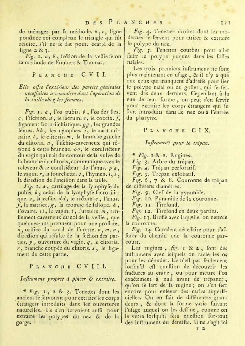 de ménager par fa méthode, b , ligne ponduée qui complette le triangle qui fût réfuïté, s'il ne fe fut point écané de la ligne 2 & 3. Fig. 2. a, b , fedion de la vefïïe félon la meihode de Foubert & Thomas. Planche CVII. Elle offre t extérieur des parties génitales necejfaires à connoître. dans ^opération de la taille che^ les femmes. Fig. 1. a , l'os pubis, b , l'os des îles. c , l'ifchion. d, le facrum. <?, le coccix./^ ligament facro-ilchiatique.^, les grandes lèvres, hà, les nymphes, i, le méat uri- naire./, le clitoris, m, la branche gauche du clitoris, n , l'ifchio-caverneux qui ré- pond à cette branche. 00, le conflrideur du vagin qui naît du contour de la vulve de la branche du clitoris, communique avec le releveur & le conflrideur de l'anus, p q, le vagin, r, la fourchette, s, l'hymen, i, t ? la direction de l'incifion dans la taille. Fig. 2. a. , cartilage de la fymphyfe du pubis, b, celui de la fymphyfe facro-ilia- que, c, la vefTîe. ddf le redum. e , l'anus. f, la matrice, g, la trompe de fallope. h , l'ovaire. ii? le vagin, /, l'uretère, m , ren- flement caverneux du col de la vefile , que quelques-uns prennent pour une proflate. orifice du canal de l'urètre, o , /tz, n , direction qui réfulte de la fedion des par- ties, p y ouverture du vagin, q , le clitoris. r, branche coupée du clitoris, s , le liga- ment de cette partie. Planche CVIII. Infîrumens propres à pincer & extraire. * Fig. 1 , 2 & 3. Tenettes dont les anciens fe fervoient cour extraireies corps étrangers introduits dans les ouvertures naturelles. Ils s'en fervoient aufïï pour extraire les polypes du nez & de la gorge. Fig. 4. Tenettes droites dont les mo- dernes fe fervent pour attirer 8c extraire le polype du nez. Fig. y. Tenettes courbes pour aller faifir le polype jufques dans les folfes nafules. Les trois premiers infîrumens ne font plus maintenant en ufage , & il n'y a que que ceux qui manquent d'adrefTe pour lier le polype nafal ou du gofier, qui fe fer- vent des deux derniers. Cependant à la vue de leur forme , on peut s'en fervir pour extraire les corps étrangers qui fe font introduits dans .le nez ou à l'entrée du pharynx. Planche CIX. Infîrumens pour le trépan. * Fig. 1 & 2. Rugines. Fig. 3. Arbre du trépan. Fig. Trépan perforatif. Fig. y. Trépan exfoiiatif. Fig- 6 , 7 8c 8. Couronne de trépan de différens diamètres. Fig. 9. Clef de la pyramide. Fig. 10. Pyramide de la couronne. Fig. 11. Tirefond. \ Fig, 12. Tirefond en deux parties. Fig. 13. BrolTe avec laquelle on nettoie la couronne. Fig. 14. Curedent néceffaire pour s'af- furer du chemin que la couronne par- court. Les rugines , fig. 1 8c x , font des infîrumens avec lefquels on racle les osi pour les dénuder. Ce n'efl pas feulement lorfqu'il efl qutflion de découvrir les fradures au crâne , ou pour mettre l'os exactement à nud avant de trépaner , qu'on fe fert de la ruginé ; on s'en fert encore pour enlever des caries fuperfi- cielles. On en fait de différentes gran- deurs , & dort la forme varie fuivant l'ufage auquel on les defline , comme on le verra lorfqu'il fera queflion f.ir-tout des infîrumens du dentifto. Il ne s'agit ici
