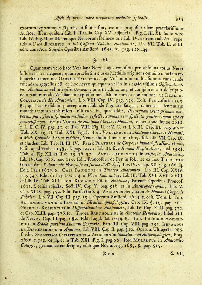 .exortum reptatumque Figuris, ut folitus fuit, eximiis propofuit idem praeclariflimus Auftor, illum quidem Lib. I. Tabula Cap. XV. adjunfla, Fig. I. III. XI. hunc vero Lib. IV. Fig. II. et III. itemque Nervorum Delineatione Lib. IV. extremo adjefla, repe- titis a Dan. Bucretio in Iul.Ca/ferii Tabulis Anatomicis, Lib. VII.T,ab. U. et m. edit, cum Adr. Spigelii Operibus Am/lerd. 1645. fol. pag. jafc.fqq. §• VI. Quamquam vero 'haec Vefaliana Nervi hujus expolitio pro abfoluta totius Nervi hi/loria haberi nequeat, quum praefertim ejus ex Medulla originem omnino intaflam re- liquerit; tamen nec Gabriel Fallopius , qui Vefalium in -multis fumma cum laude emendare aggreflus efl, de hoc nervo quicquam vel in fuis exafciatiffimis Ob/ervationi- bus Anatomicis vel in Inftituthnibus ejus .artis admonuit; et complures .alii defcriptio- nem tantummodo Vefalianamexprelferunt, faltem cum ea confentiunt: ut Realdus Columbus de Re Anatomica, Lib. VIII. Cap. -IV. pag. 370. Edit. Francofurt. 1 593. 8-, qui licet Vefalium praeceptorem fubinde fugillare fatagat, tamen ejus fententiam mutatis tantum verbis refert, nili ea velis, quae addit, Priusquam exeat primum ner- vorum par, fupra /pinalem medullam re/eSli, namque rem /peti at u pulcherrimam ej/e et jucundi/unam. Vidus Vidius de Anatome Corporis Humani, Venet. apud Juntas 1611. f. L. II. C. IV. pag. 41. et Tab. VIII. Fig. II. et V. G. et Lib. III. Cap. III. pag. 96. et Tab. XX. Fig. II. Tab. XXI. Fig. 1. Ioh. Valverdus in Anatome Corporis Humani, a Mich. Columbo Latine reddita, Venet. /ludio Iuntarum 1607. fol. Lib. VII. Cap. IX. et ejusdem Lib. Tab. II. III. IV. Felix Platerus de Corporis humani/ru&ura et u/uy Bafil. apud Froben i 583. f- pag. 124. et Lib. III. five Iconum Explicatione, ibid. 1581. Tab. 4. Fig. XII. et Tab. 35. 36. 37. Andr. Laurentius in Hi/oria Anatomica, Lib. IV. Cap. XIX. pag. 110. Edit. Francofurt. de Bry in fol., et ex IiocTheophile Gelee dans 1’Anatomie Franfoi/e en/ornie d’ Abrege, Liv. IV. Chap.XlI. pag. 166. fq. Edit. Paris 163^. 8. Casp. Bauhinus in Theatro Anatomico, Lib. III. Cap. XXIV. pag. 347. Edit, de Bry 162 t. 4. in Vivis Imaginibus, Lib. III. Tab. XVI. XVII, XVIII. et Lib. IV. Tab. XIII. Ioh. Riolanus Fil. in Anatome, Parentis Operibus Francof. 1611. f. editis adjefla, Sefl. IV. Cap. V. pag. 516. et in Anthropographia, Lib. V. Cap. XL1X. pag. 552. Edit. Parif. 1626. 4. Adrianus Spigelius de Humani Corporis Fabrica, Lib. VII, Cap. III. pag. 194. Operum Am/lerd. 1645.F. edit. Tom. 1. Ioh. Antonides van der Linden in Medicina phy/wlogica, Cap. IX. 19. pag. 461. Guerner. Rolfincius in DiJ/ertationibus Anatomicis, Lib. IV. Cap. XLII. pag. 770. et Cap. XLIII. pag. 776.fq. Thom. Bartholinus in Anatome Renovata, LibelloIII. de Nervis, Cap. III. pag. 6g3. Edit. Lugd. Bat. 1674. 8- Ioh. Theodorus Schen- kiuA in Schola partium Humani Corporis, Parte III. Cap. VIII. pag. 252. Isbrandus de Diemerbroeck in Anatome, Lib. VIII. Cap, II. pag. 5 r o. OperumUltrajefH 1685. f. edit. Sebastian. Christianus a Zeidlern in Somatotomia Anthropologica, Prag. 1686. f. pag. 84-’fq. et in Tab. XXI. Fig. I. pag. 88* Ioh. Muraltus in Anatomico Collegio, germanice confcripto, editoque Norimberg. 1687. 8- pag- 517. Kr a $. VII.