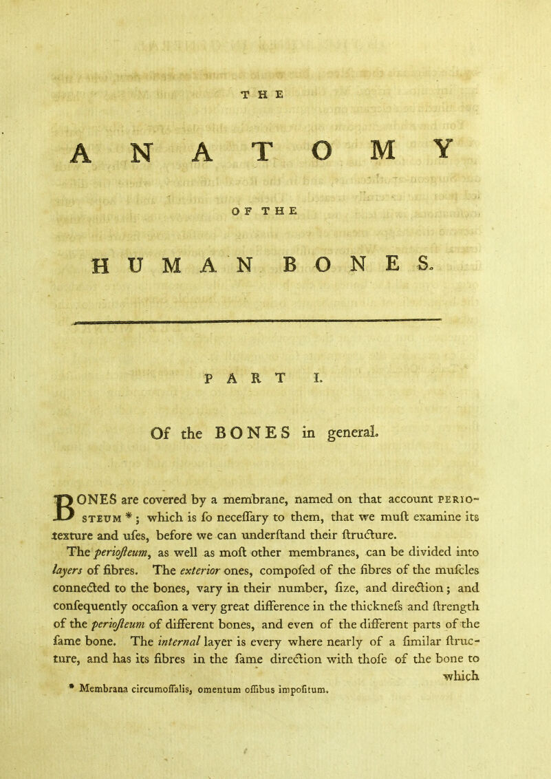 ANATOMY OF THE HUMAN BONES. PART I, Of the BONES in general BONES are covered by a membrane, named on that account perio- steum * ; which is fo neceffary to them, that we muft examine its texture and ufes, before we can underftand their ftructure. The perio/leum, as well as mod other membranes, can be divided into layers of fibres. The exterior ones, compofed of the fibres of the mufcles connected to the bones, vary in their number, fize, and direction; and confequently occafion a very great difference in the thicknefs and ftrength of the periojieum of different bones, and even of the different parts of the fame bone. The internal layer is every where nearly of a fimilar ftruc- ture, and has its fibres in the fame direction with thofe of the bone to which * Membrana circumoflalis, omentum oflibus Impofitum,