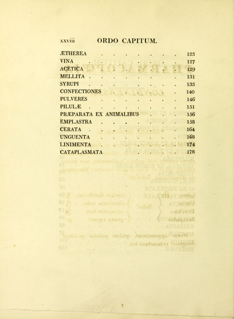 iETHEREA 123 VINA . .... 127 ACETICA 129 MELLITA .131 SYRUPI 133 CONFECTIONES ...... 140 PULVERES 146 PILULA 151 PRA1PARATA EX ANIMALIBUS 156 EMPLASTRA 158 CERATA ........ 164 UNGUENTA 168 LINIMENTA 174 CATAPLASMATA .... 178